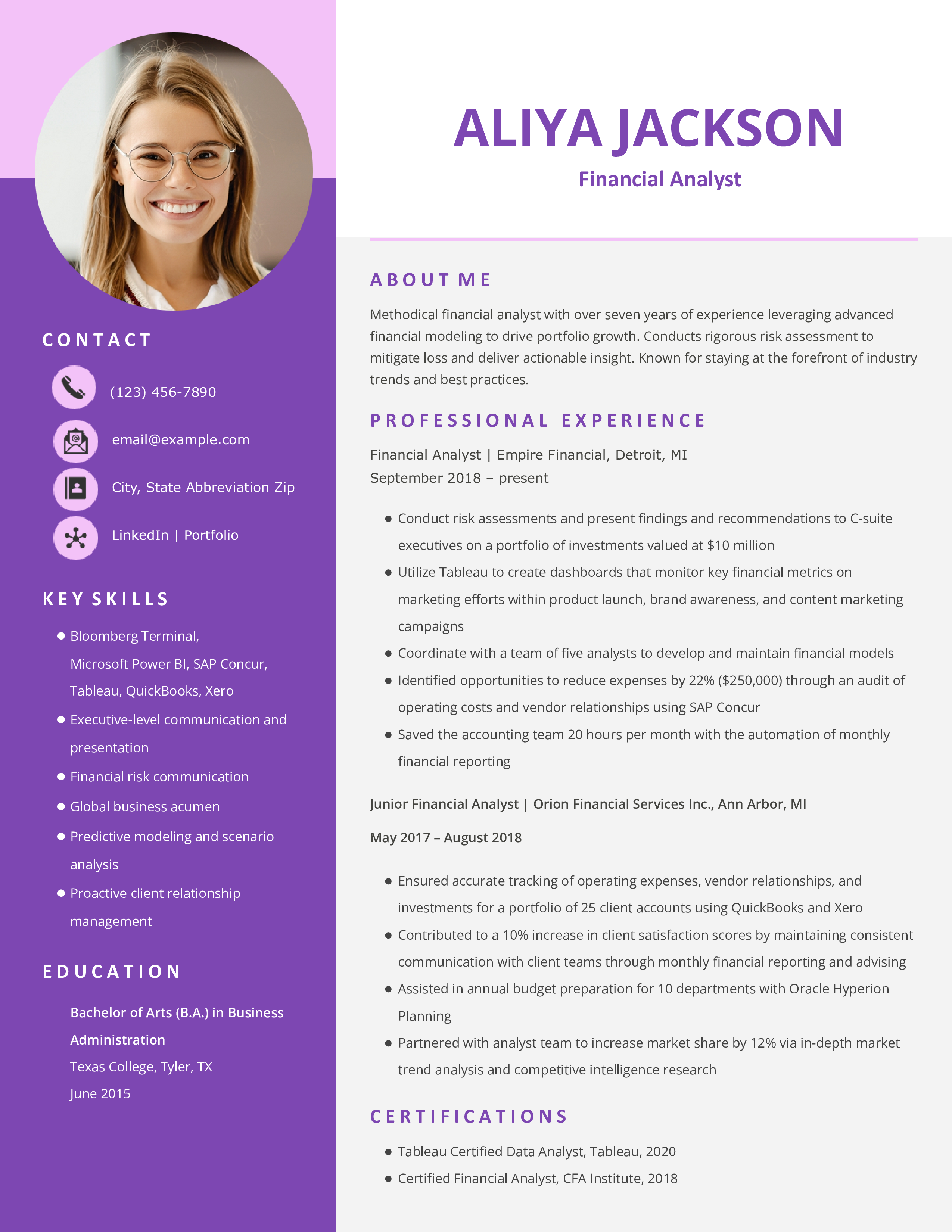 Midlevel Level Financial Analyst Resume Example
