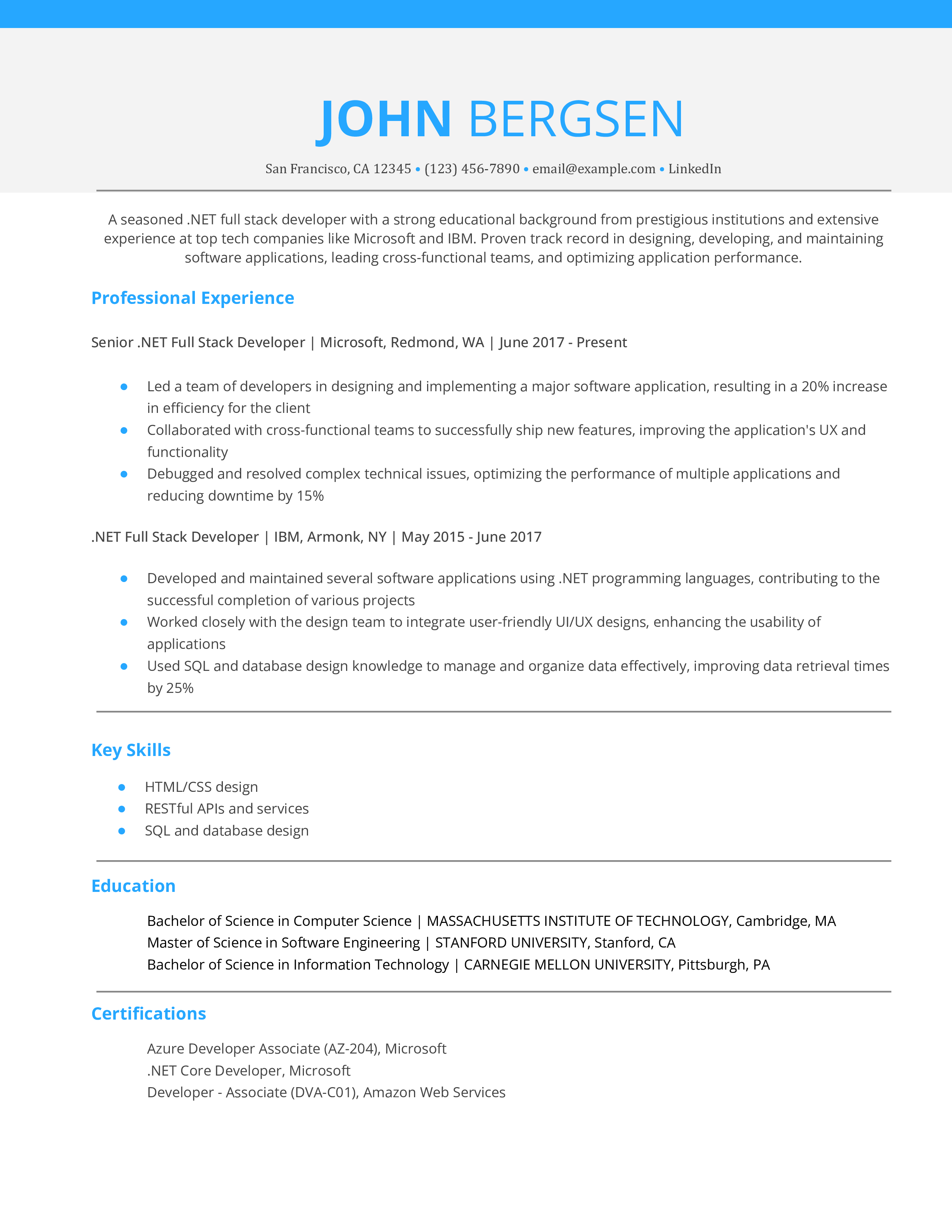 NET Full Stack Developer Resume Example