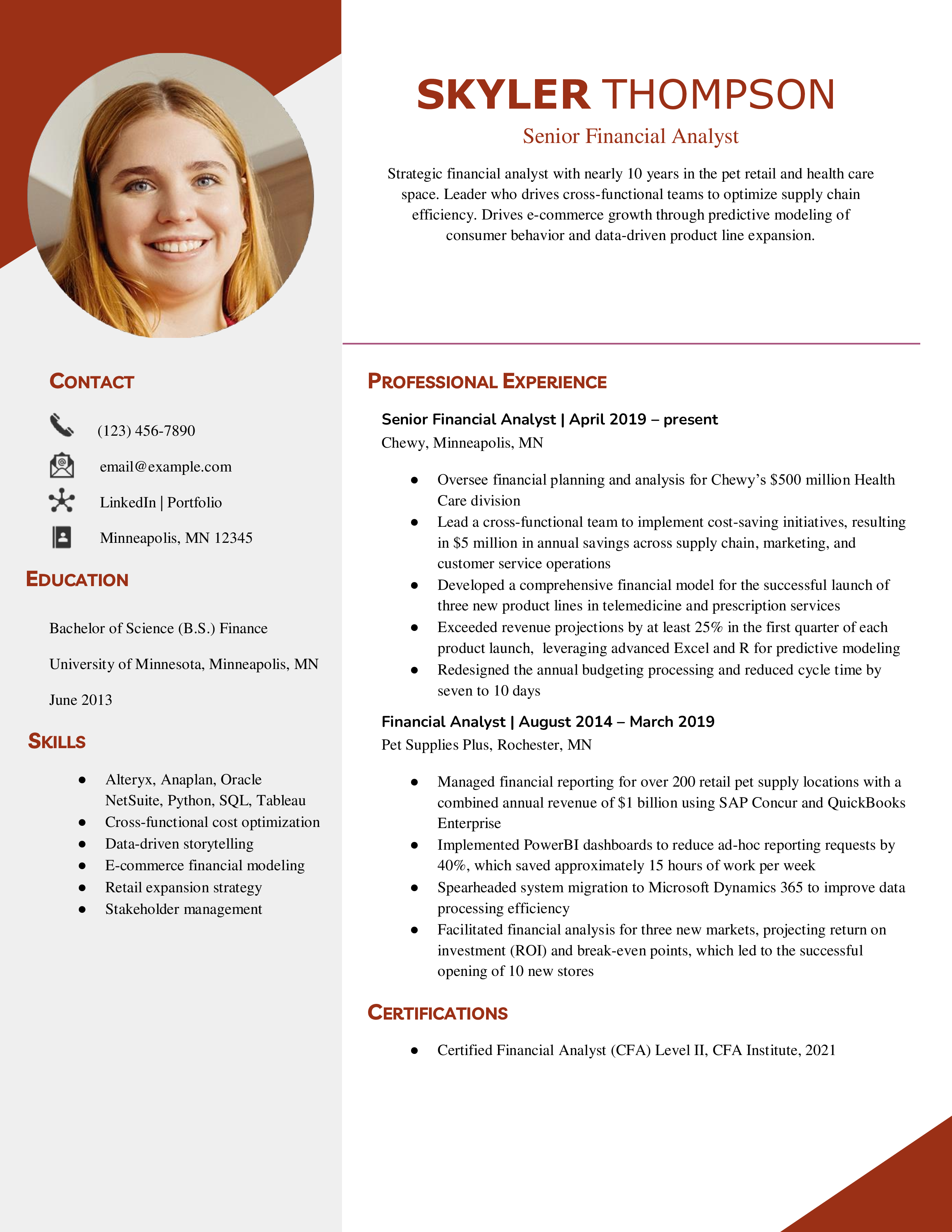 Senior Level Financial Analyst Resume Example