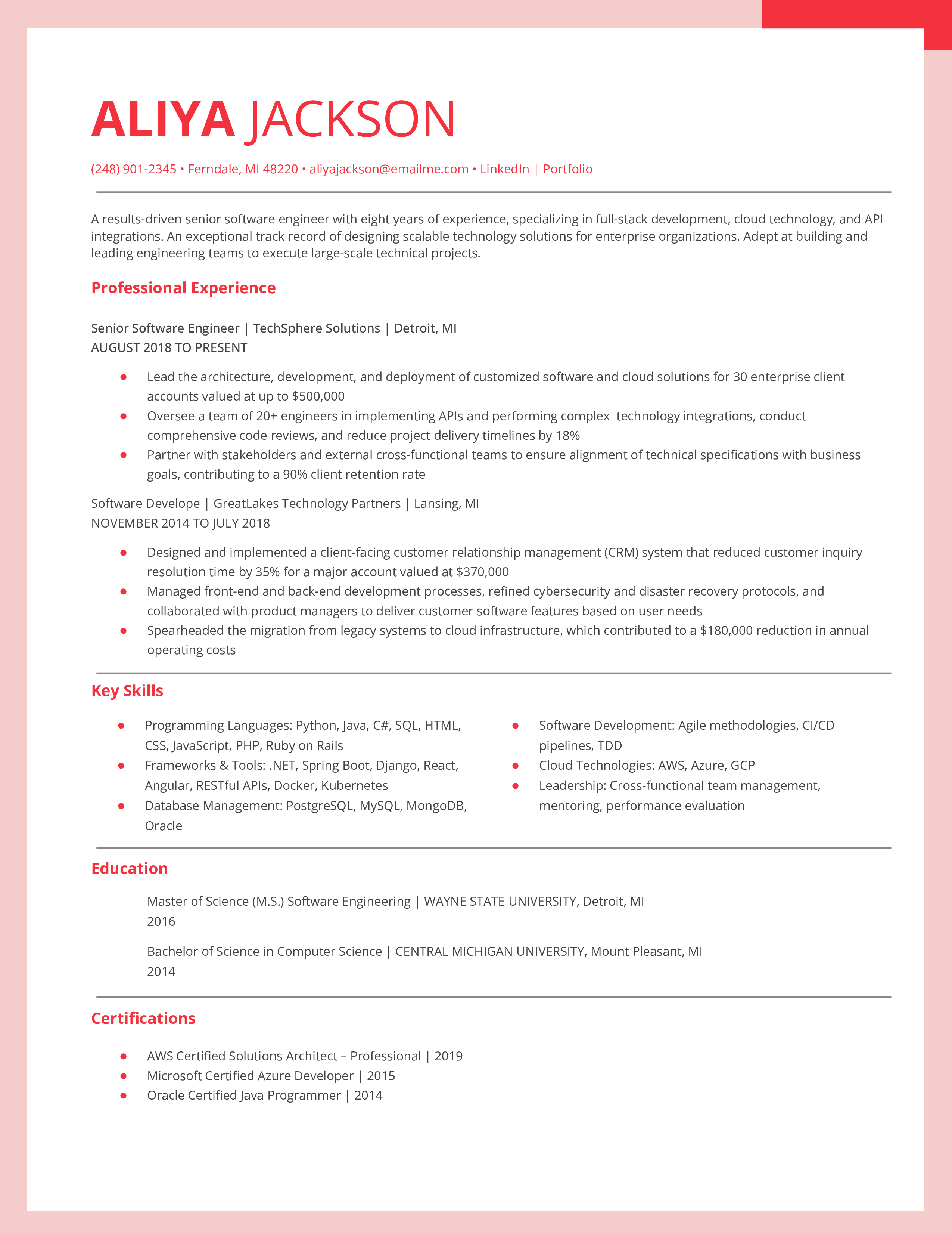 Senior Software Engineer Resume Example