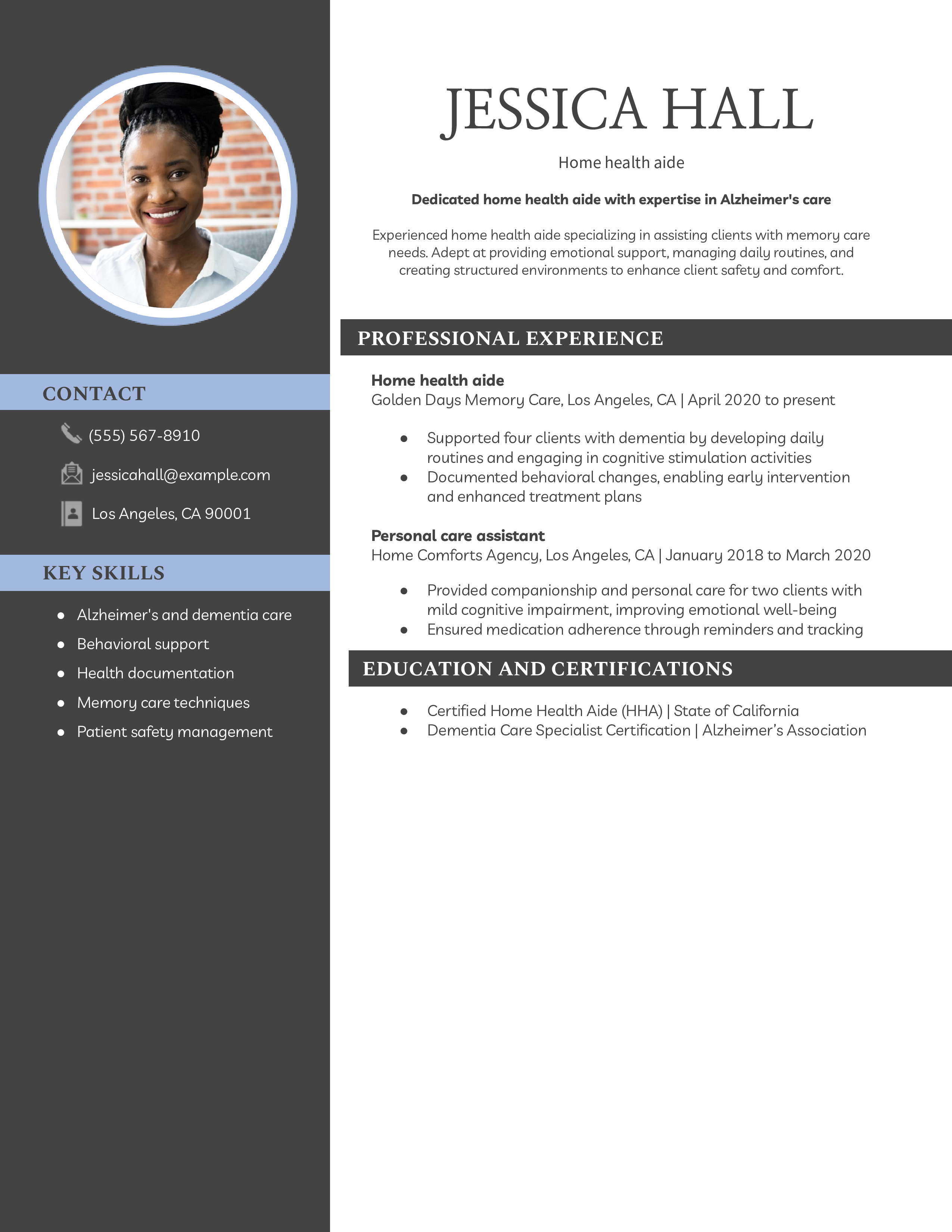 Alzheimer’s Care Home Health Aide Resume Example