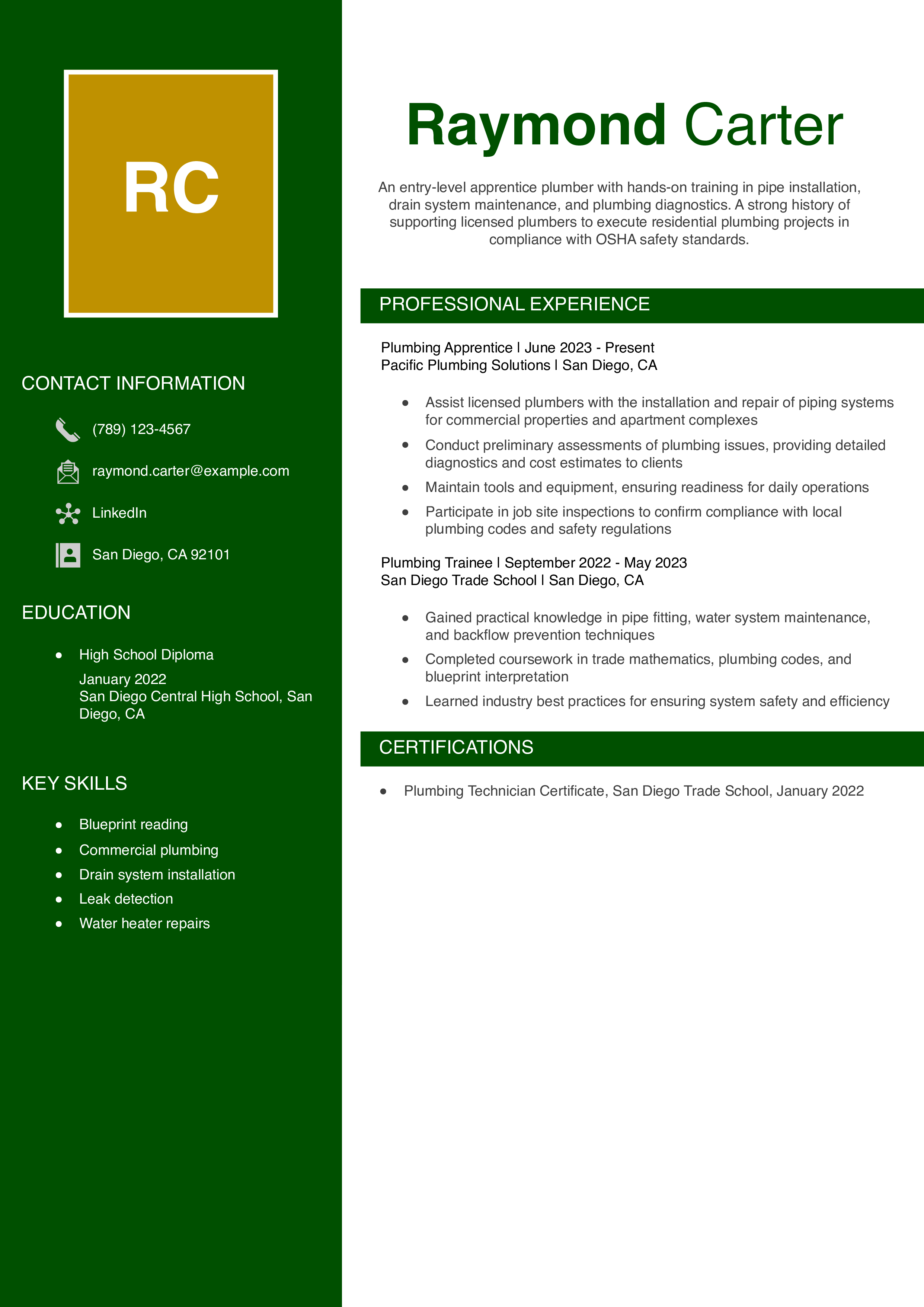 Apprentice Plumber Resume Example