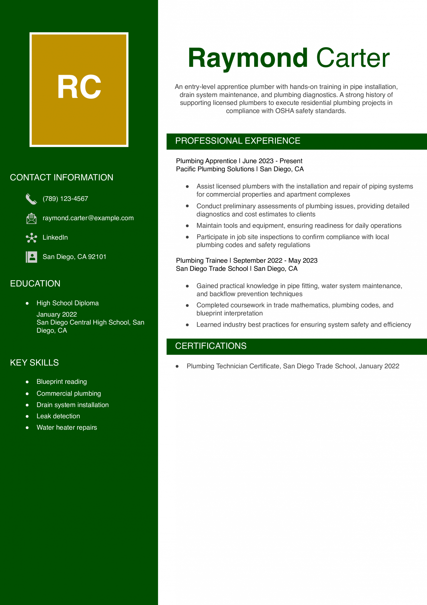 Apprentice Plumber Resume Example