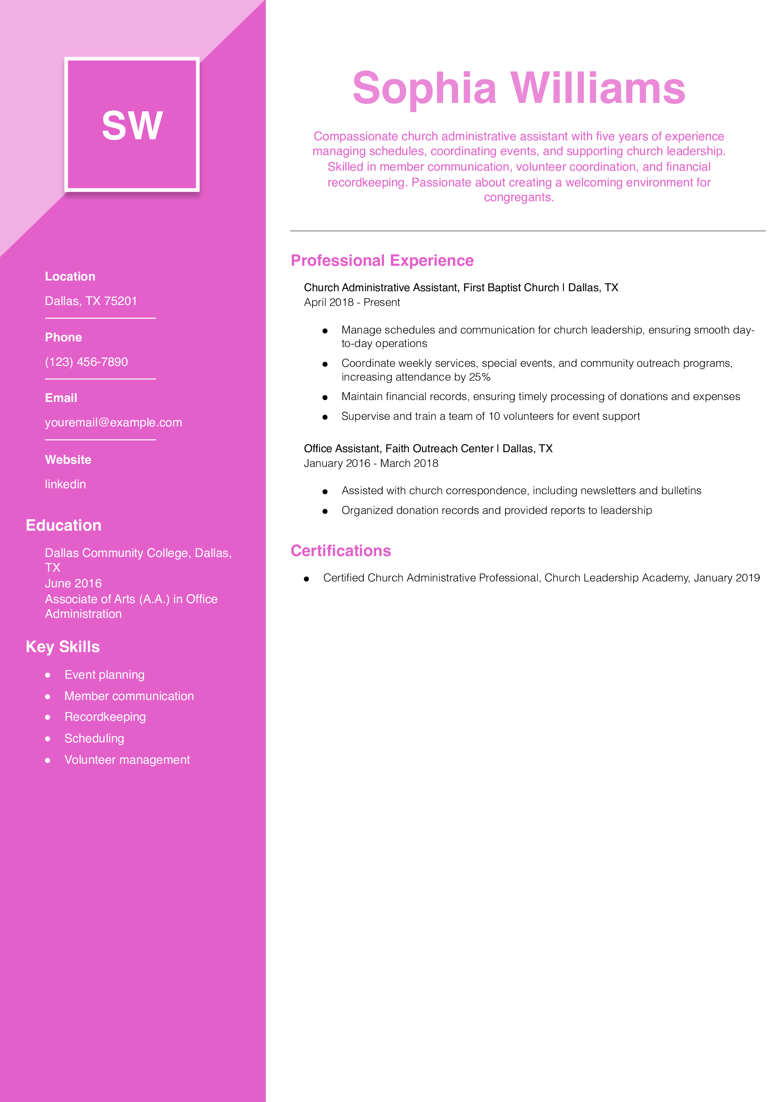 Church Administrative Assistant Resume Example