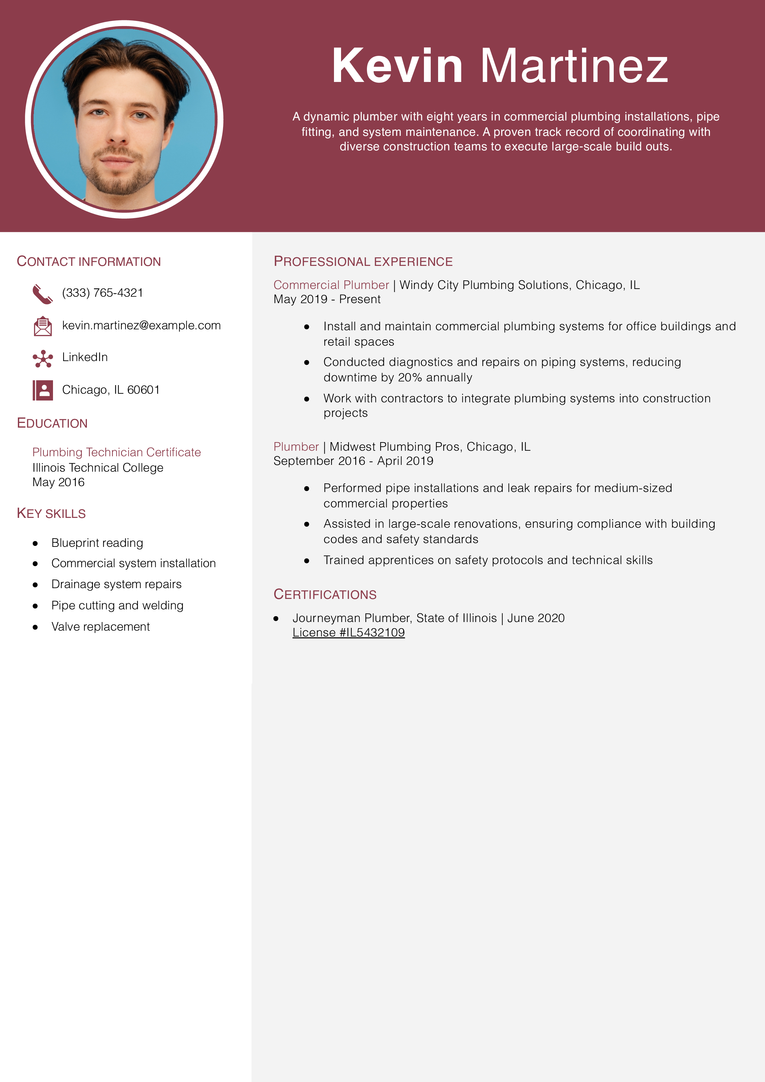 Commercial Plumber Resume Example