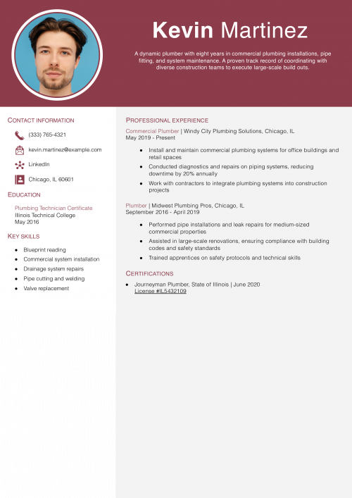 Commercial Plumber Resume Example