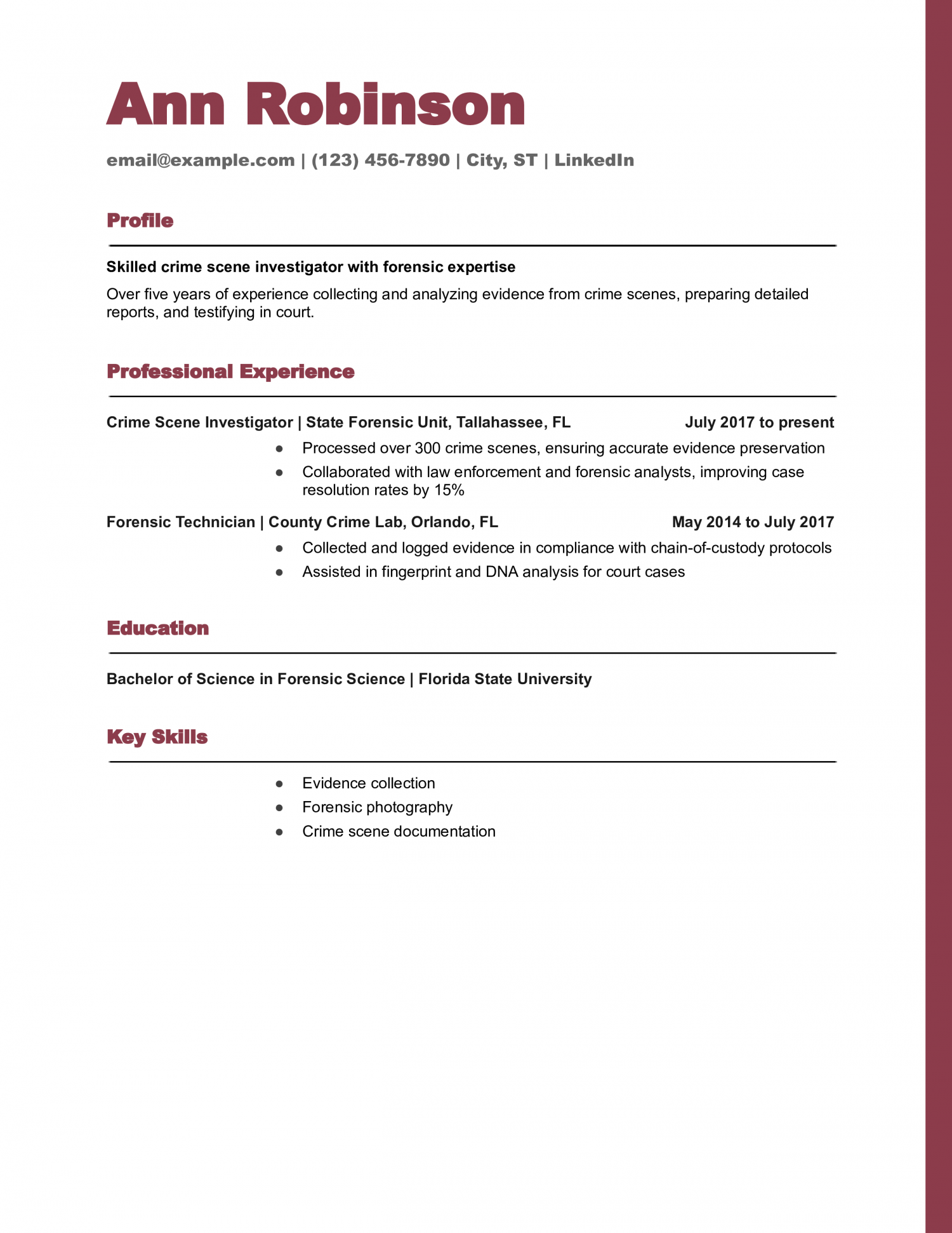 Crime Scene Investigator Resume Example