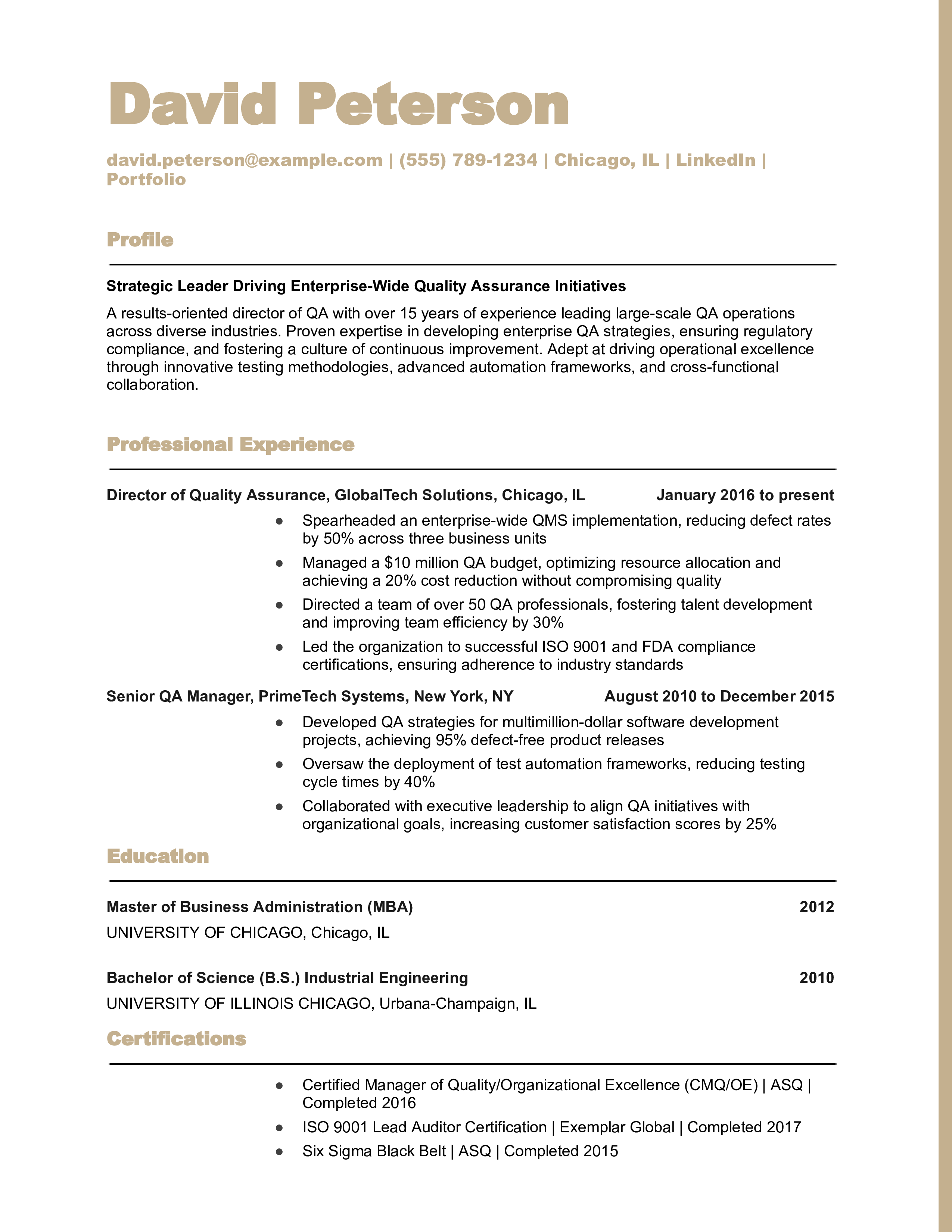 Director of Quality Assurance Resume Example