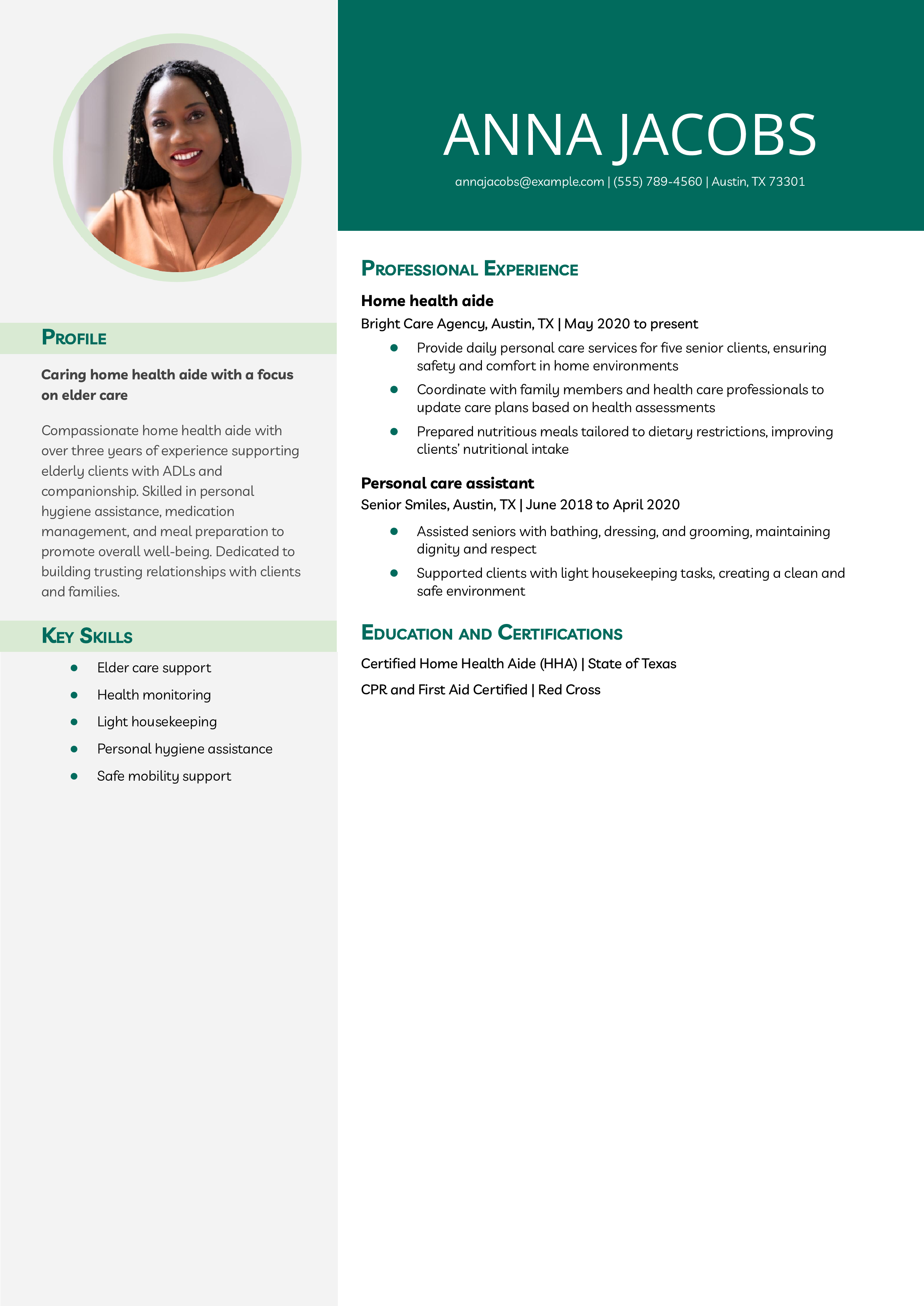 Elder Care Home Health Aide Resume Example