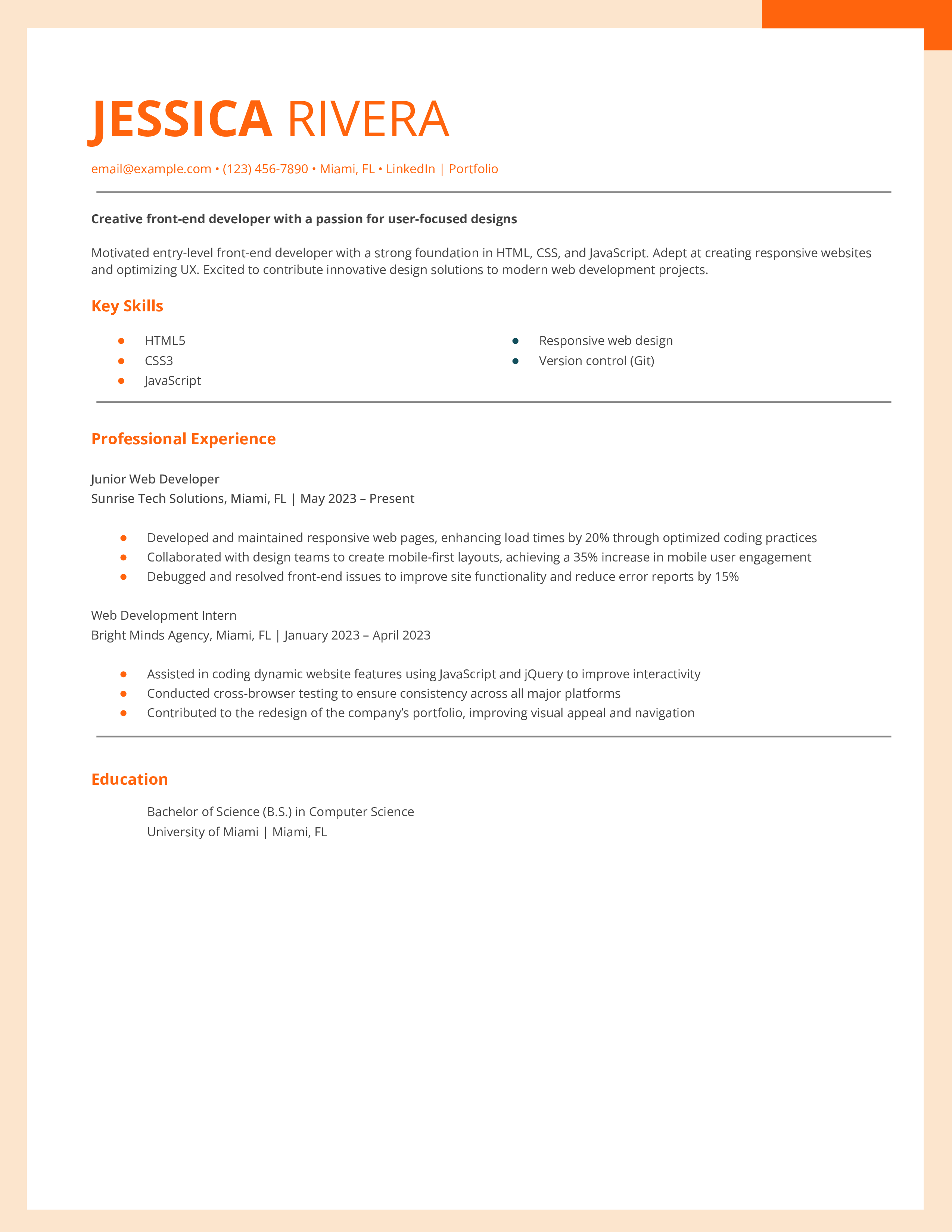 Entry-Level Front-End Developer Resume Example