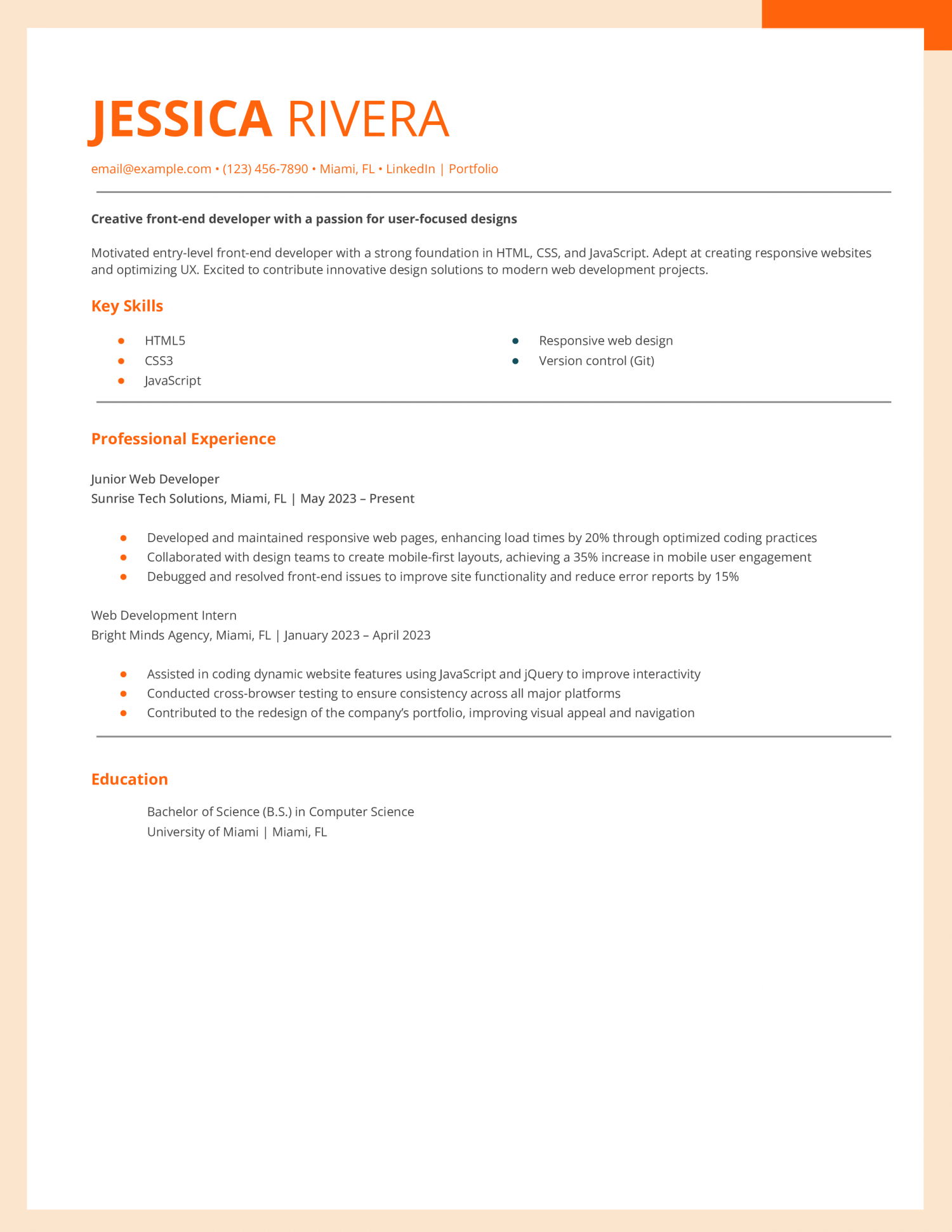 Entry-Level Front-End Developer Resume Example