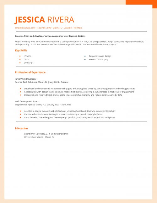 Entry-Level Front-End Developer Resume Example