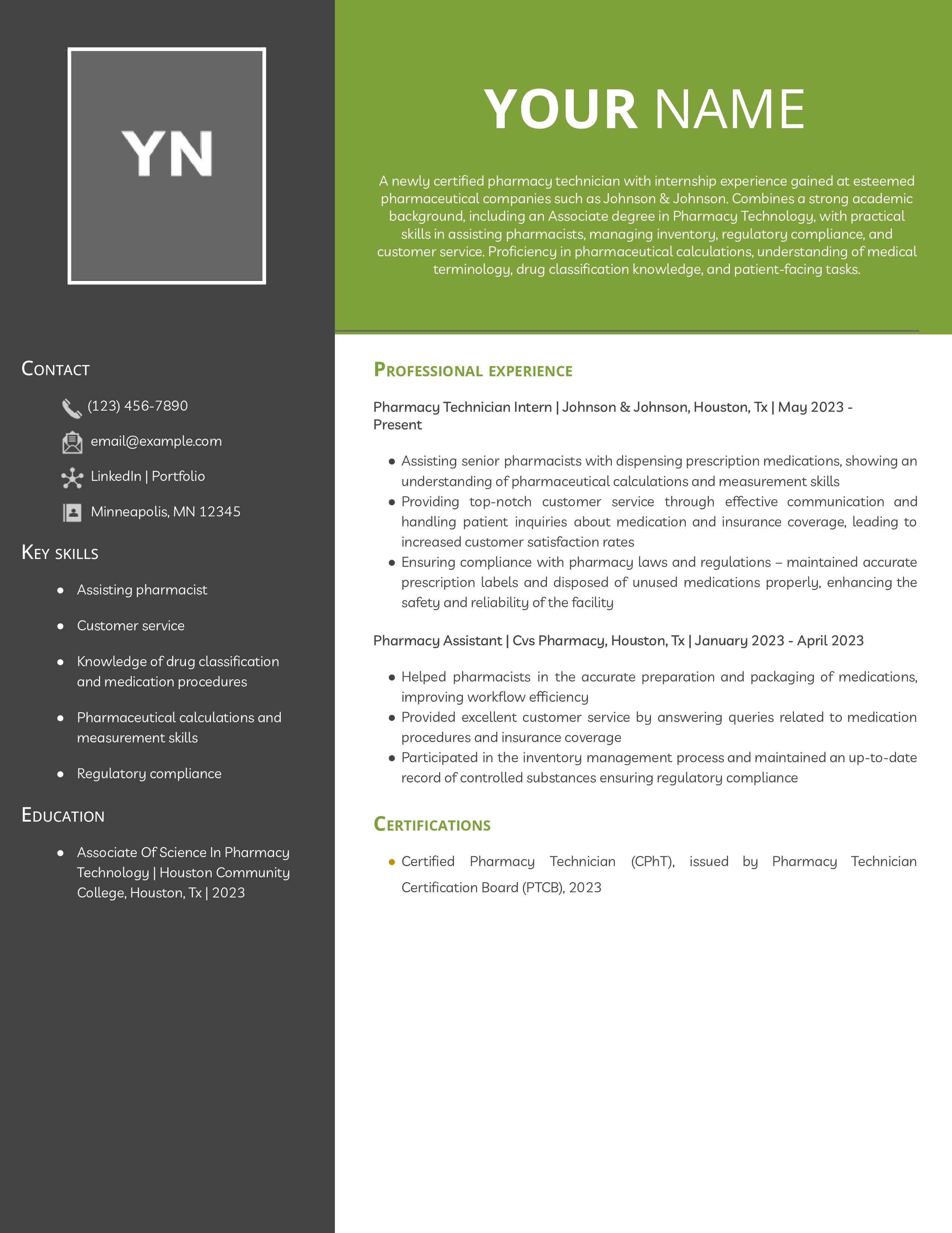 Entry Level Pharmacy Technician Resume Example