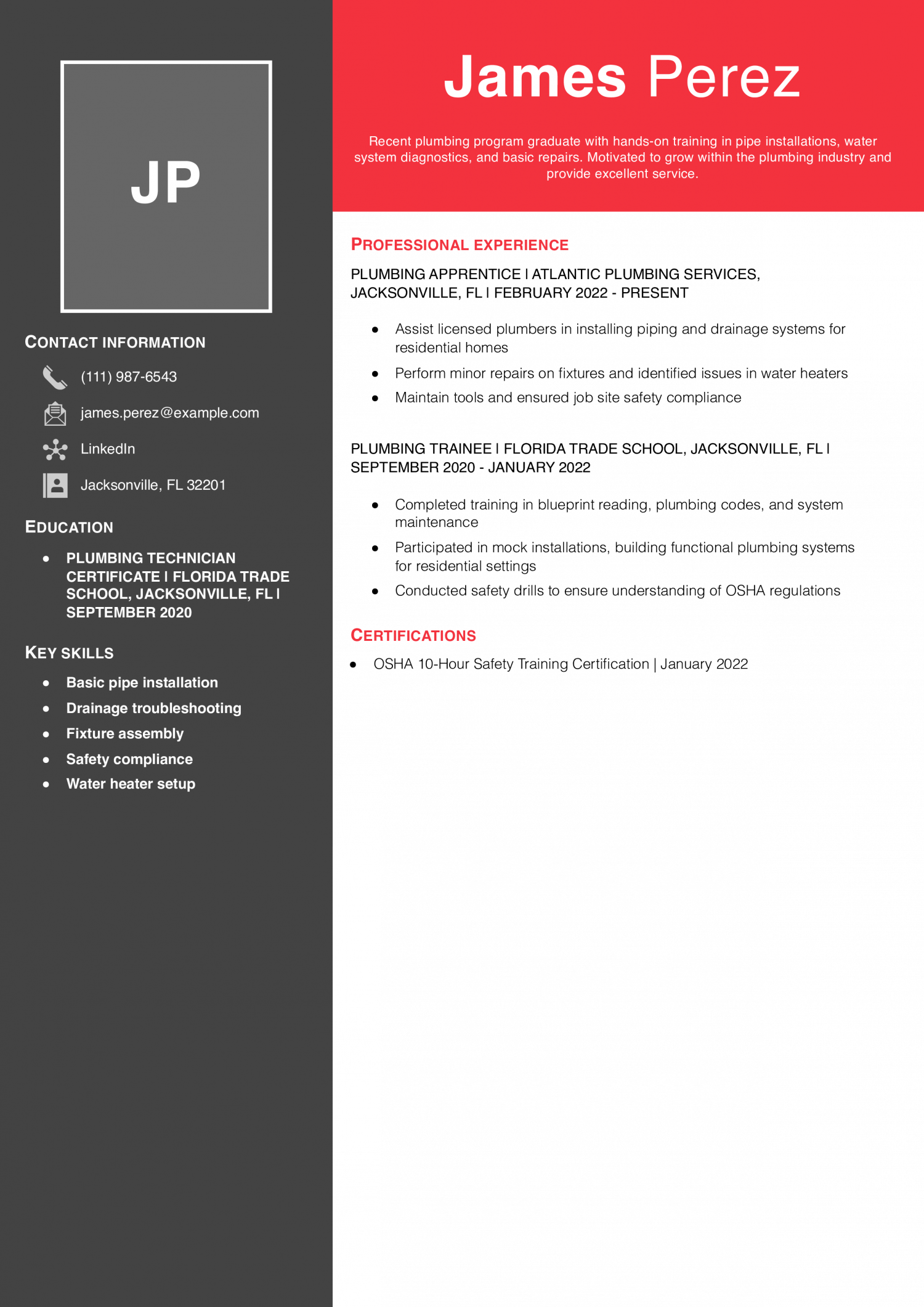 Entry-Level Plumber Resume Example