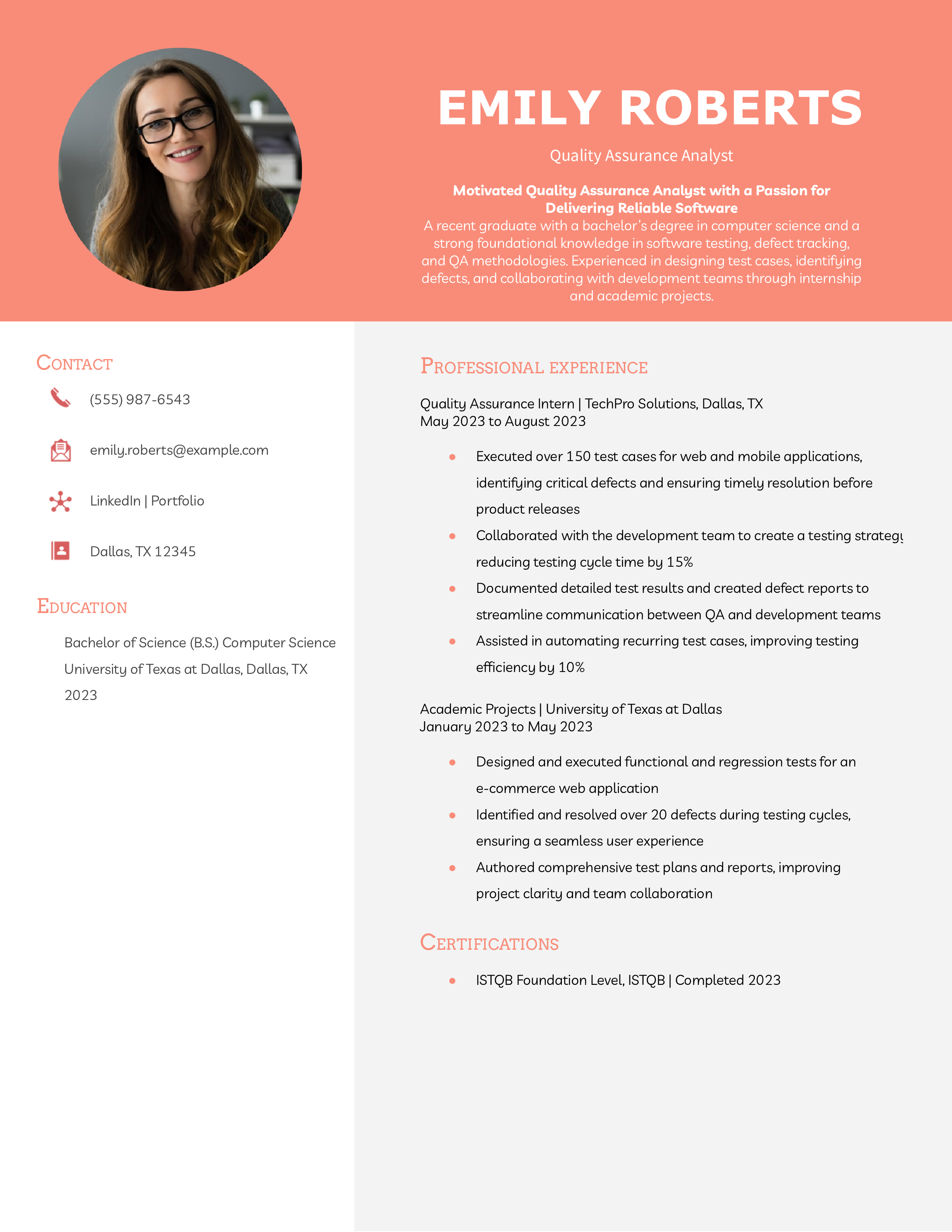 Entry-Level Quality Assurance Analyst Resume Example