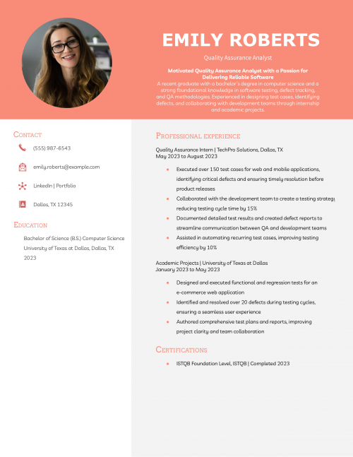 Entry-Level Quality Assurance Analyst Resume Example