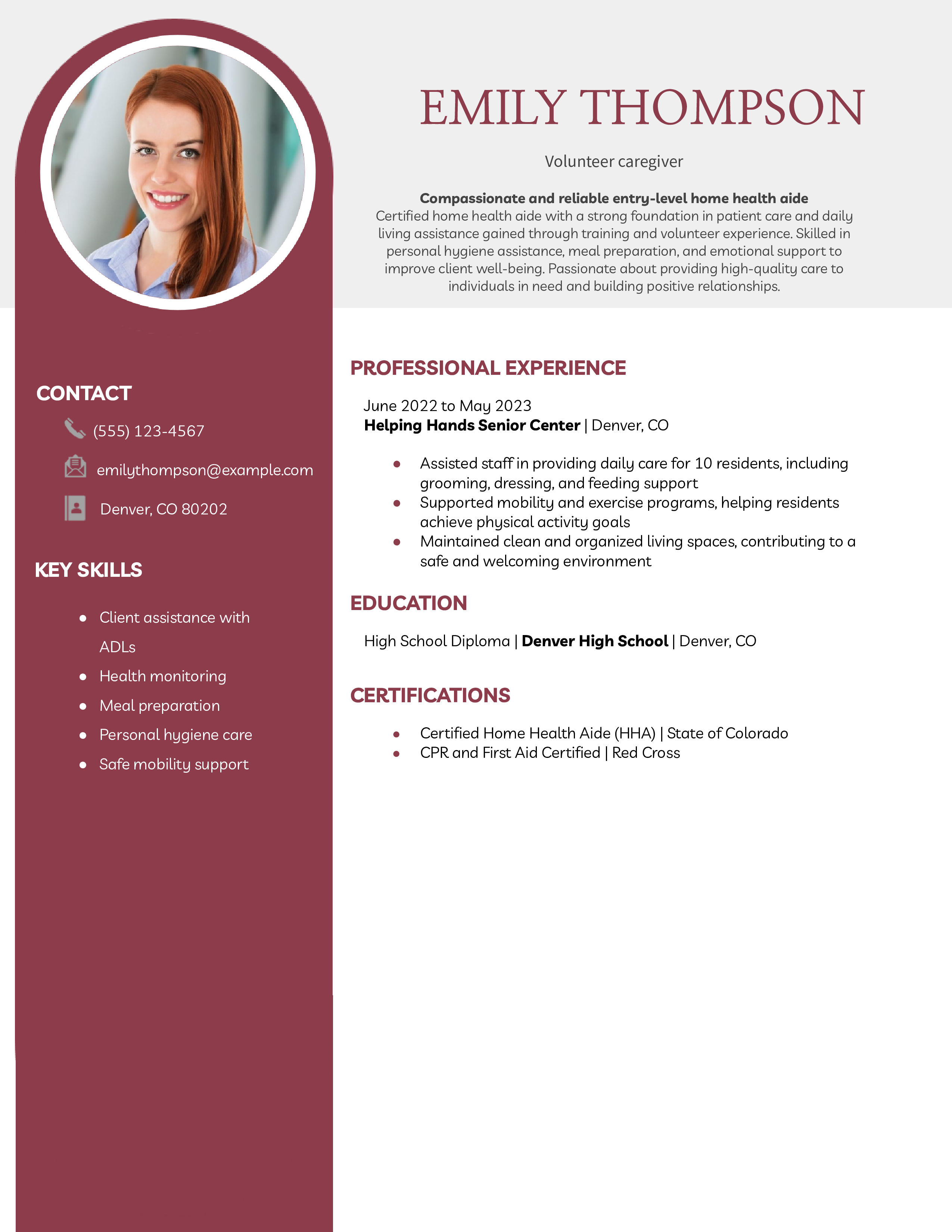 Entry-level Home Health Aide Resume Example
