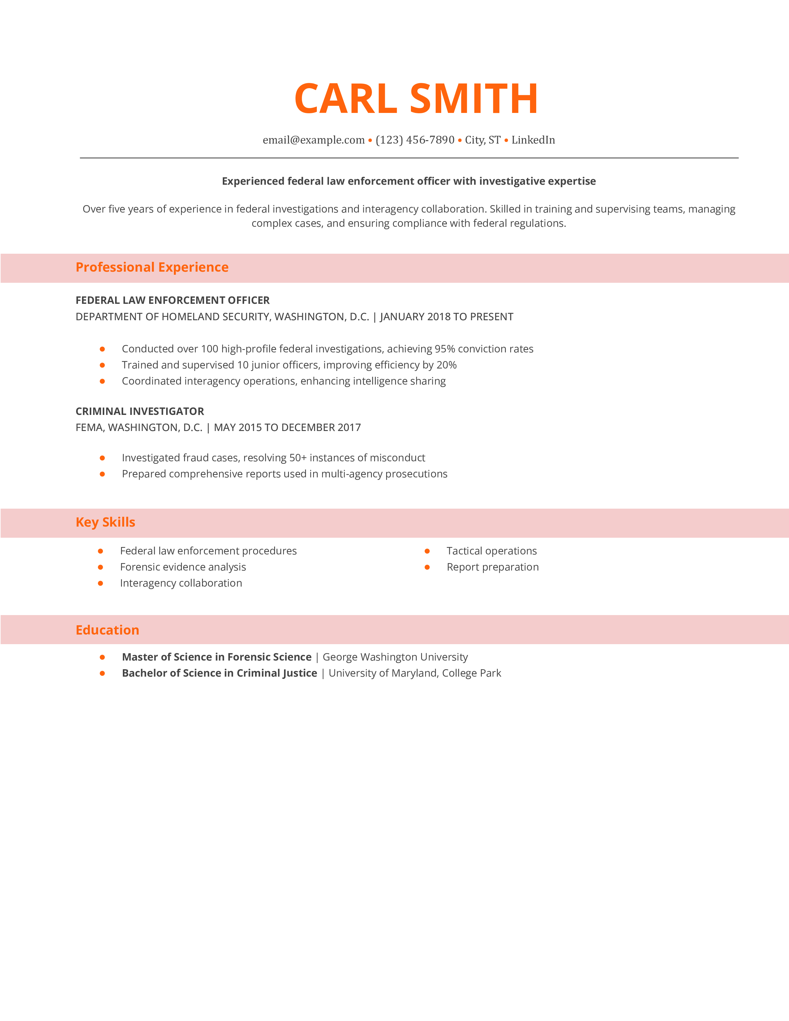 Federal Law Enforcement Officer Resume