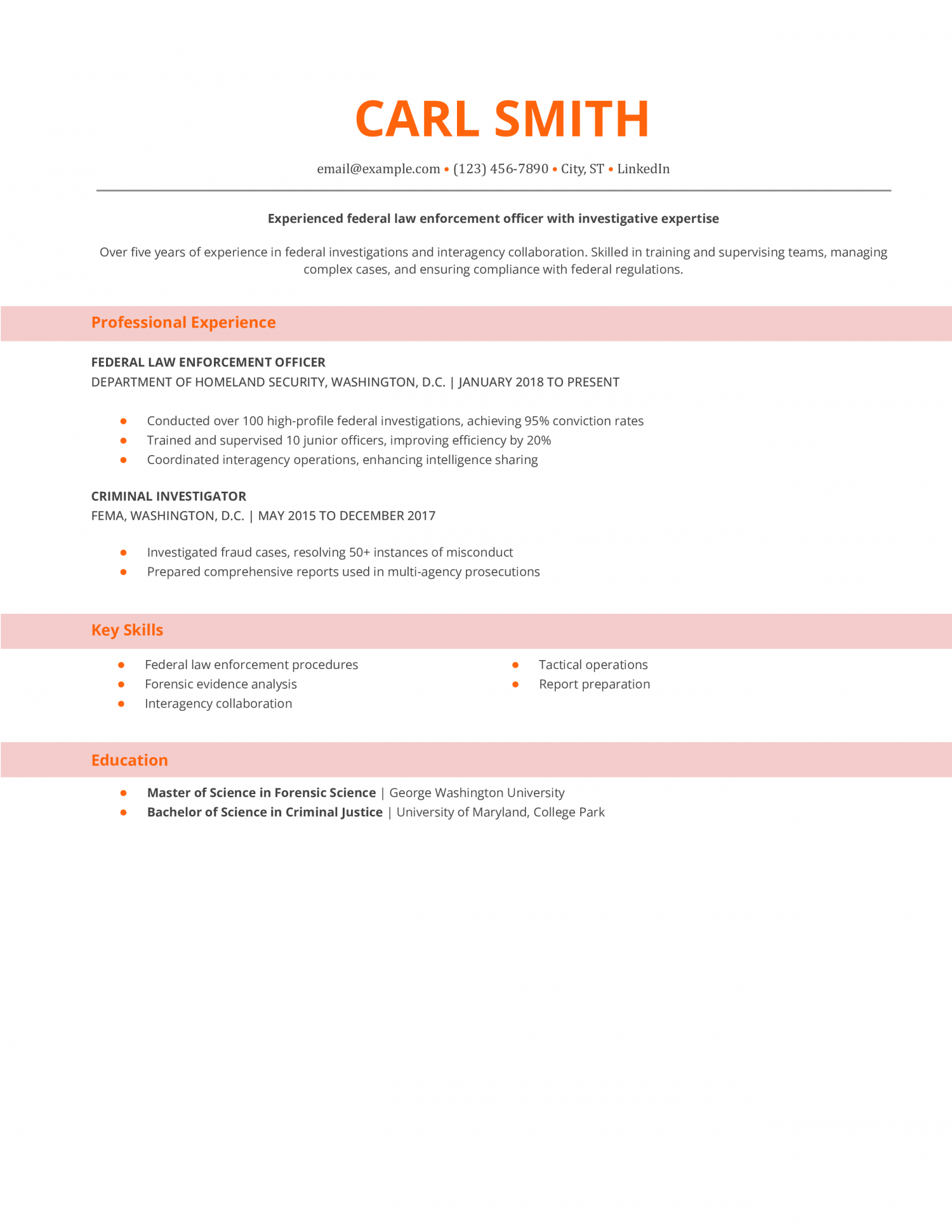 Federal Law Enforcement Officer Resume