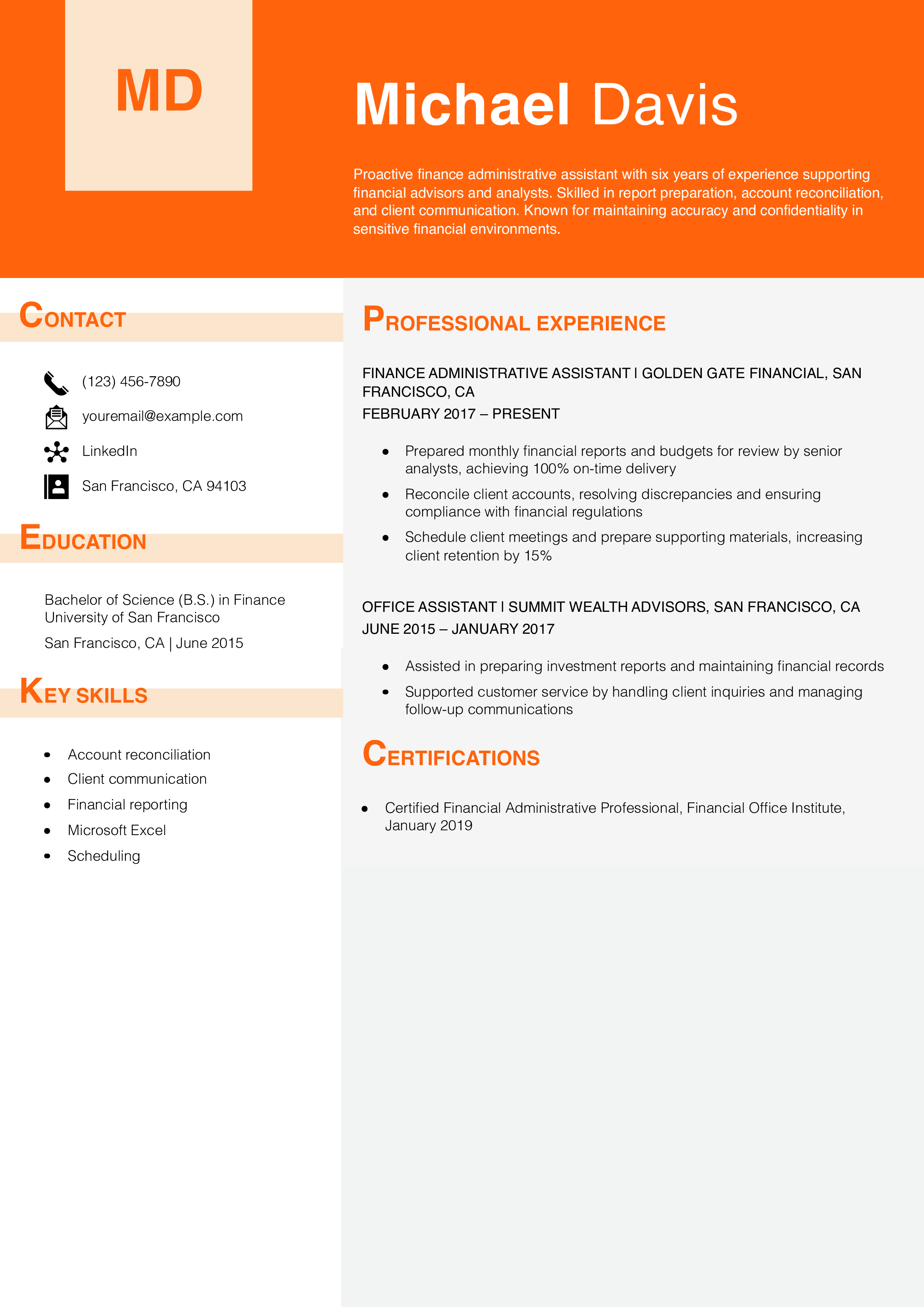 Finance Administrative Assistant Resume Example