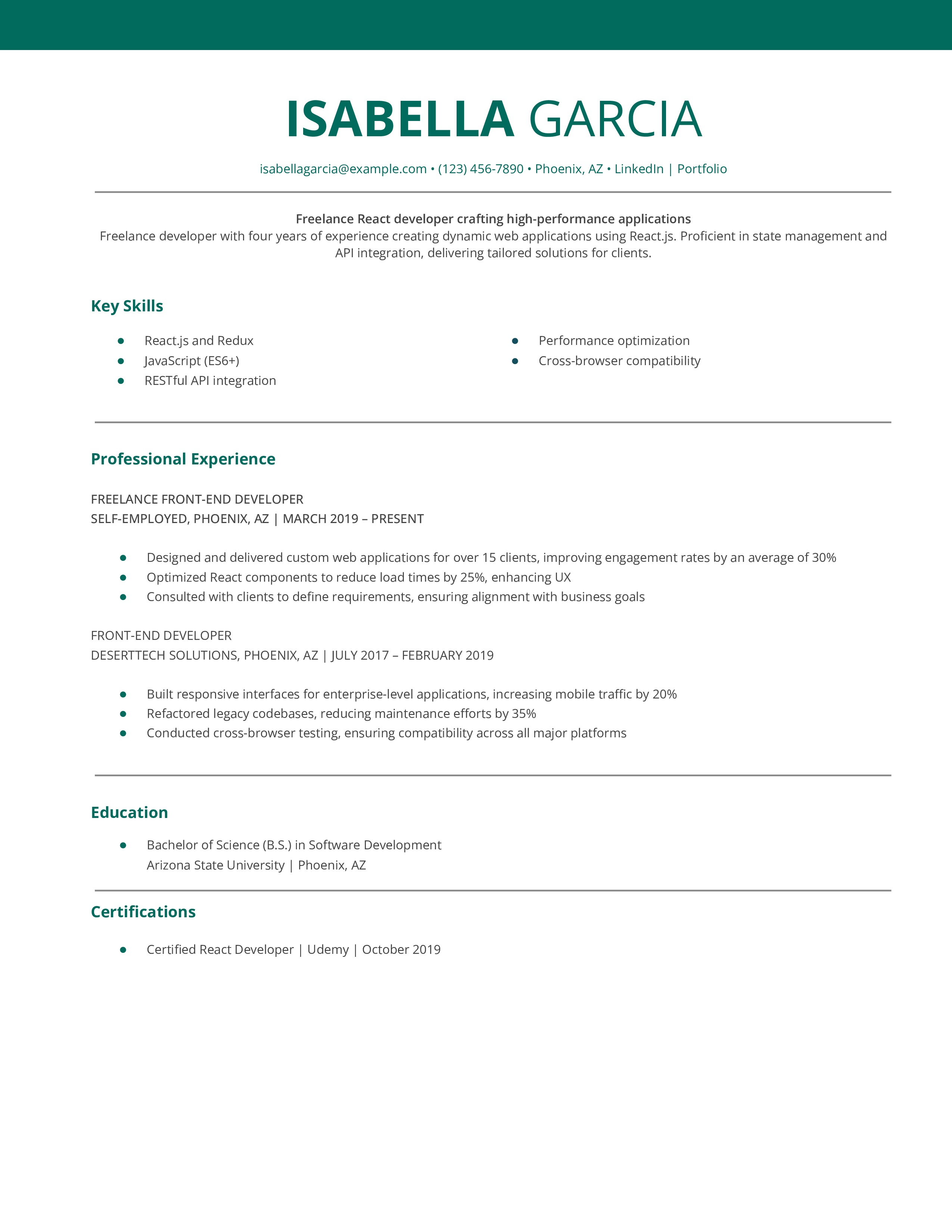 Freelance React Front-End Developer Resume Example