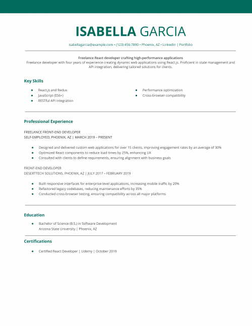 Freelance React Front-End Developer Resume Example