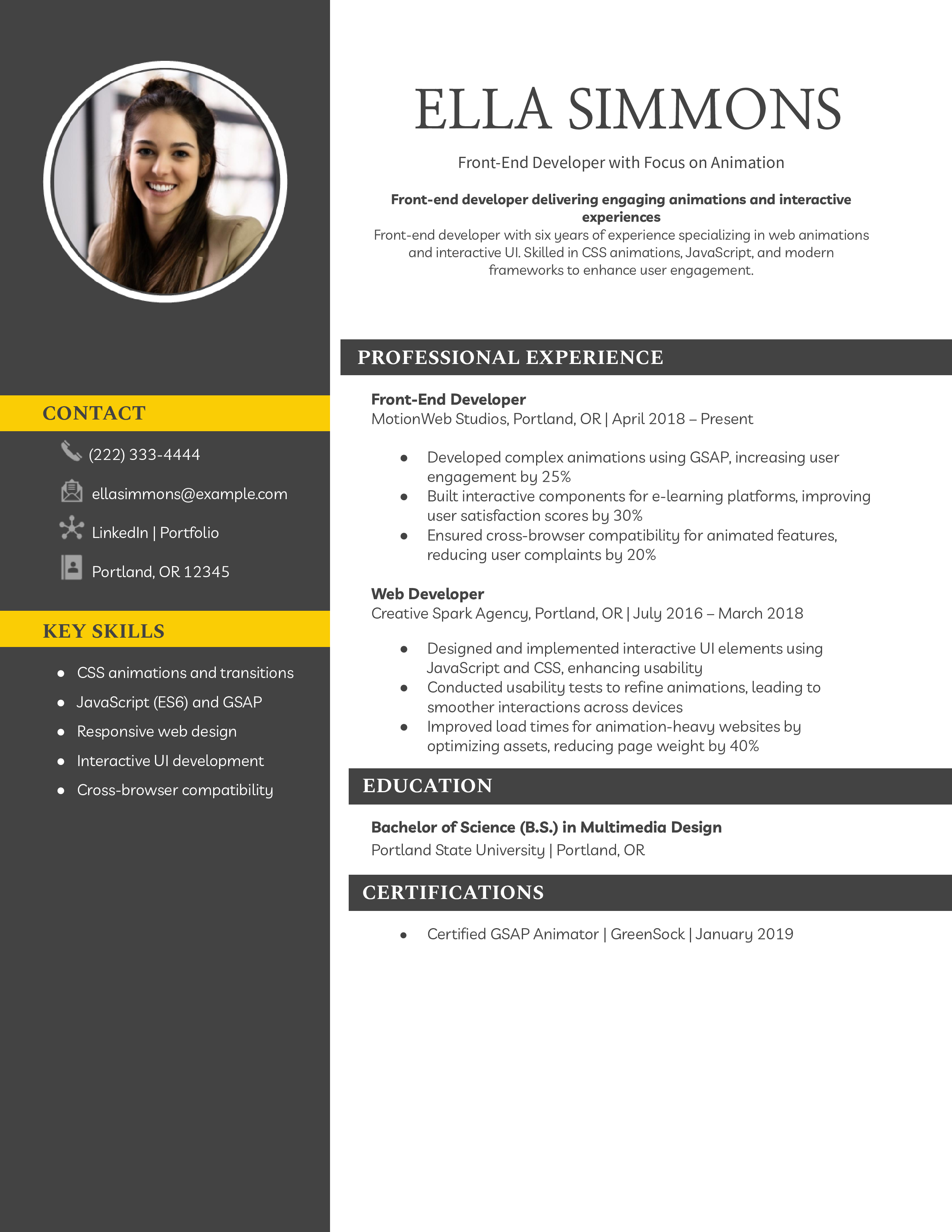 Front-End Developer with Focus on Animation Resume Example