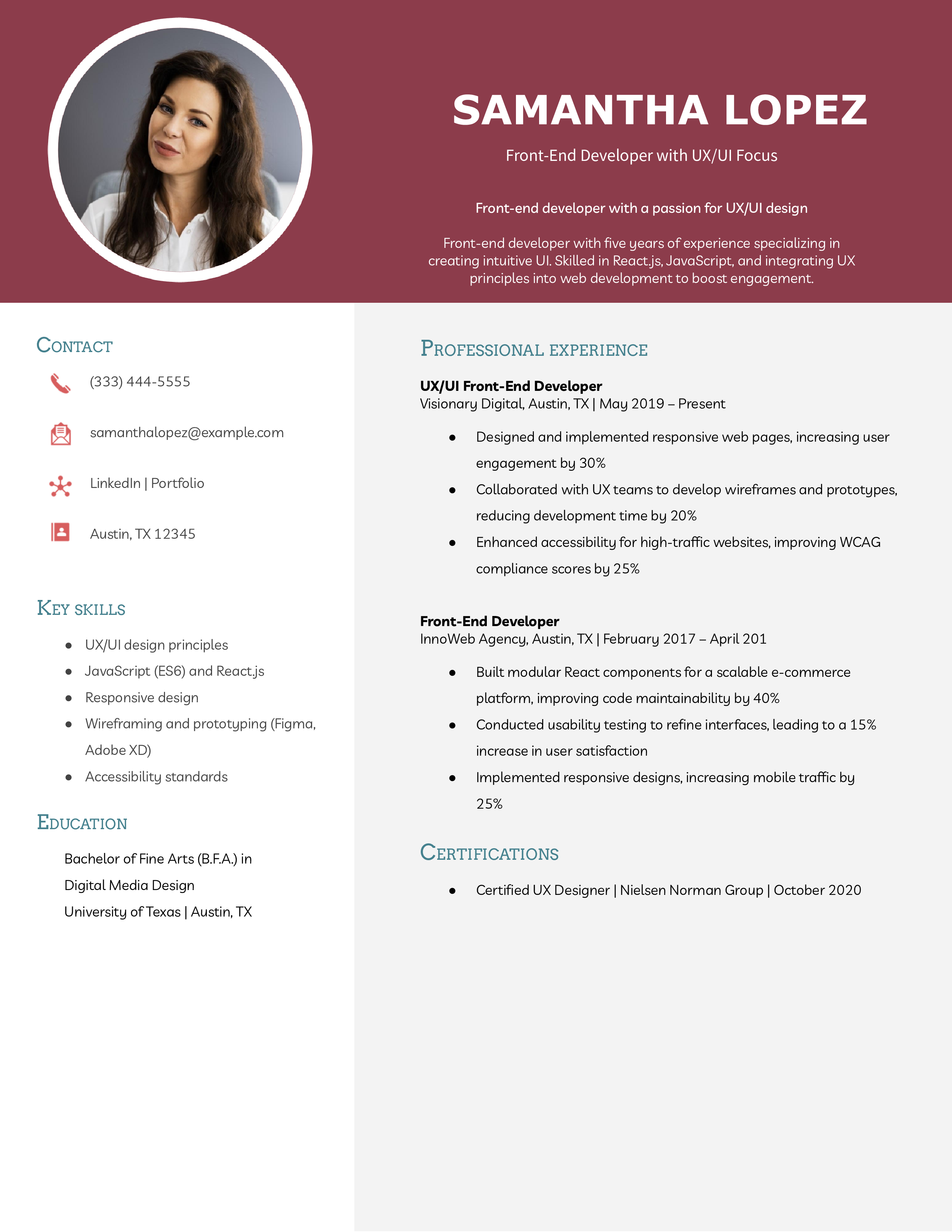 Front-End Developer with UX_UI Focus Resume Example