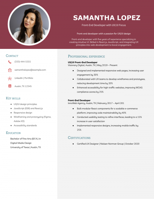 Front-End Developer with UX_UI Focus Resume Example