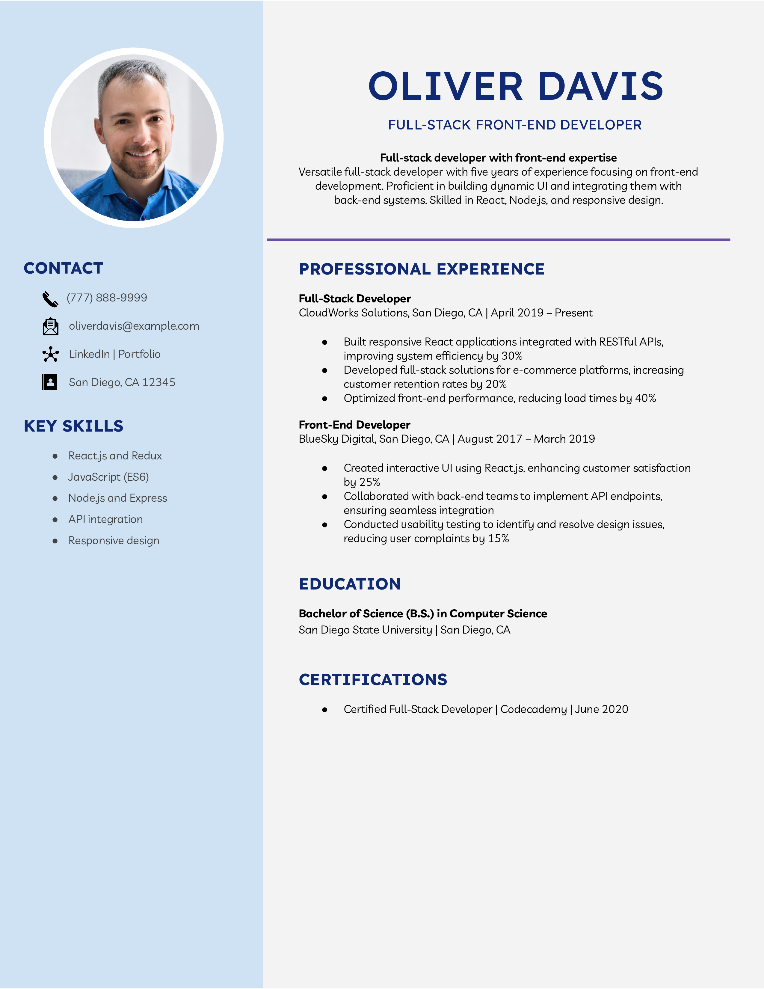 Full-Stack Front-End Developer Resume Example