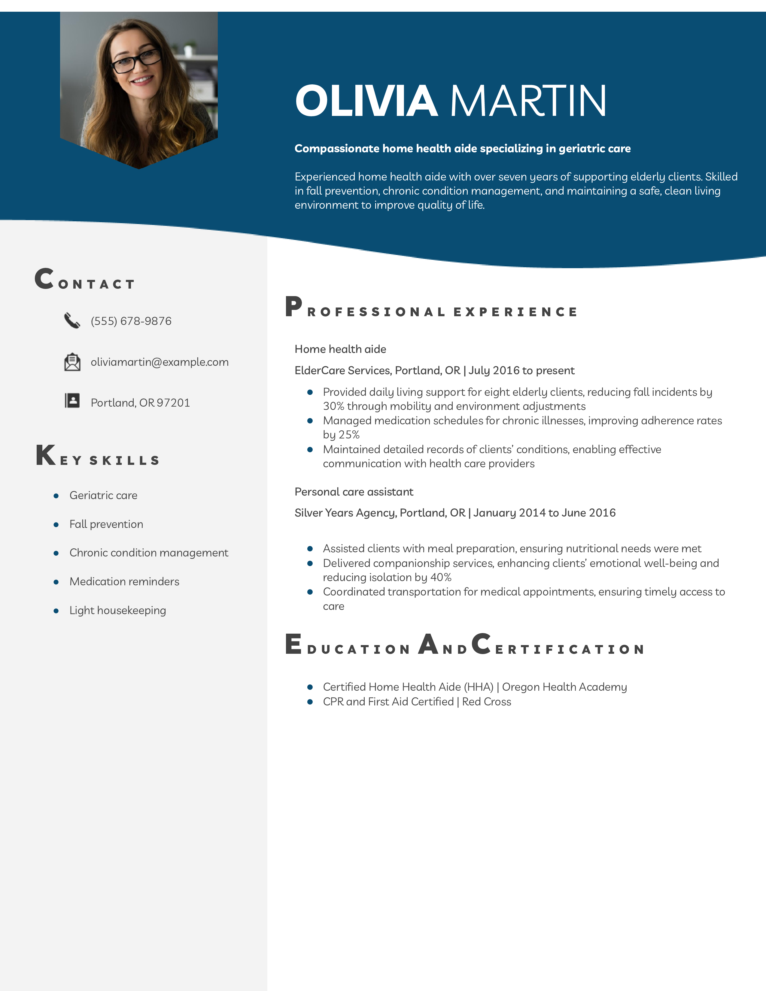 Geriatric Home Health Aide Resume Example