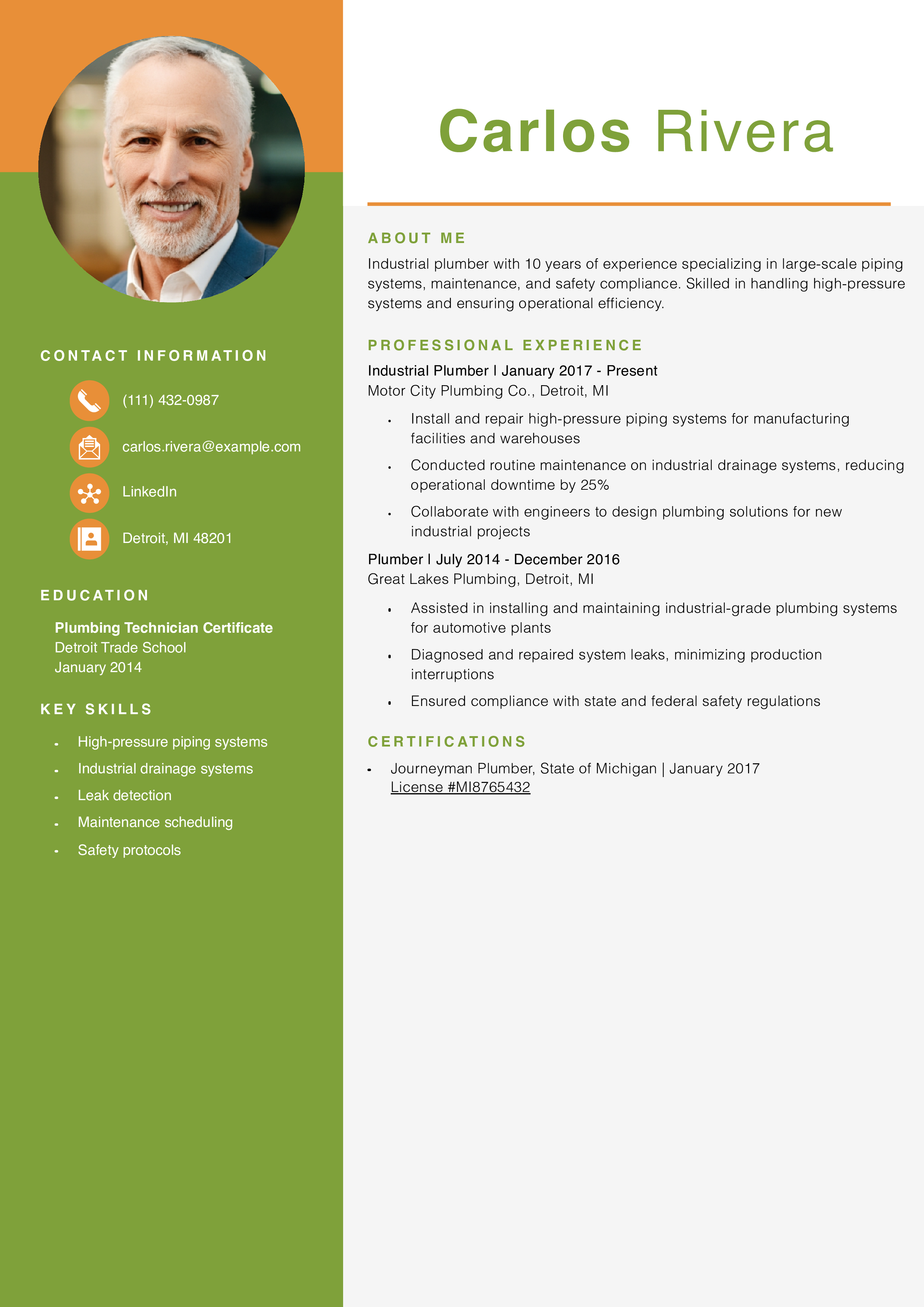 Industrial Plumber Resume Example