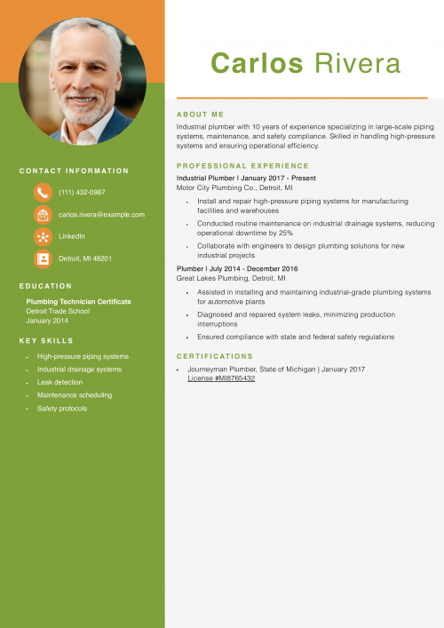 Industrial Plumber Resume Example
