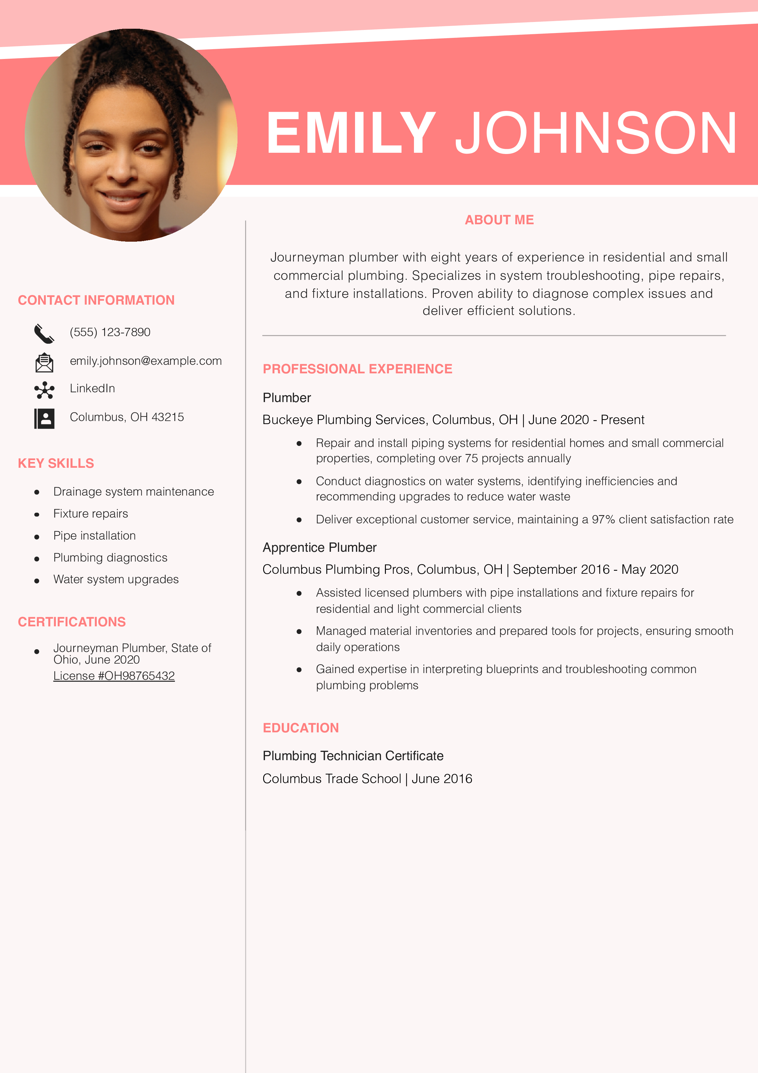 Journeyman Plumber Resume Example