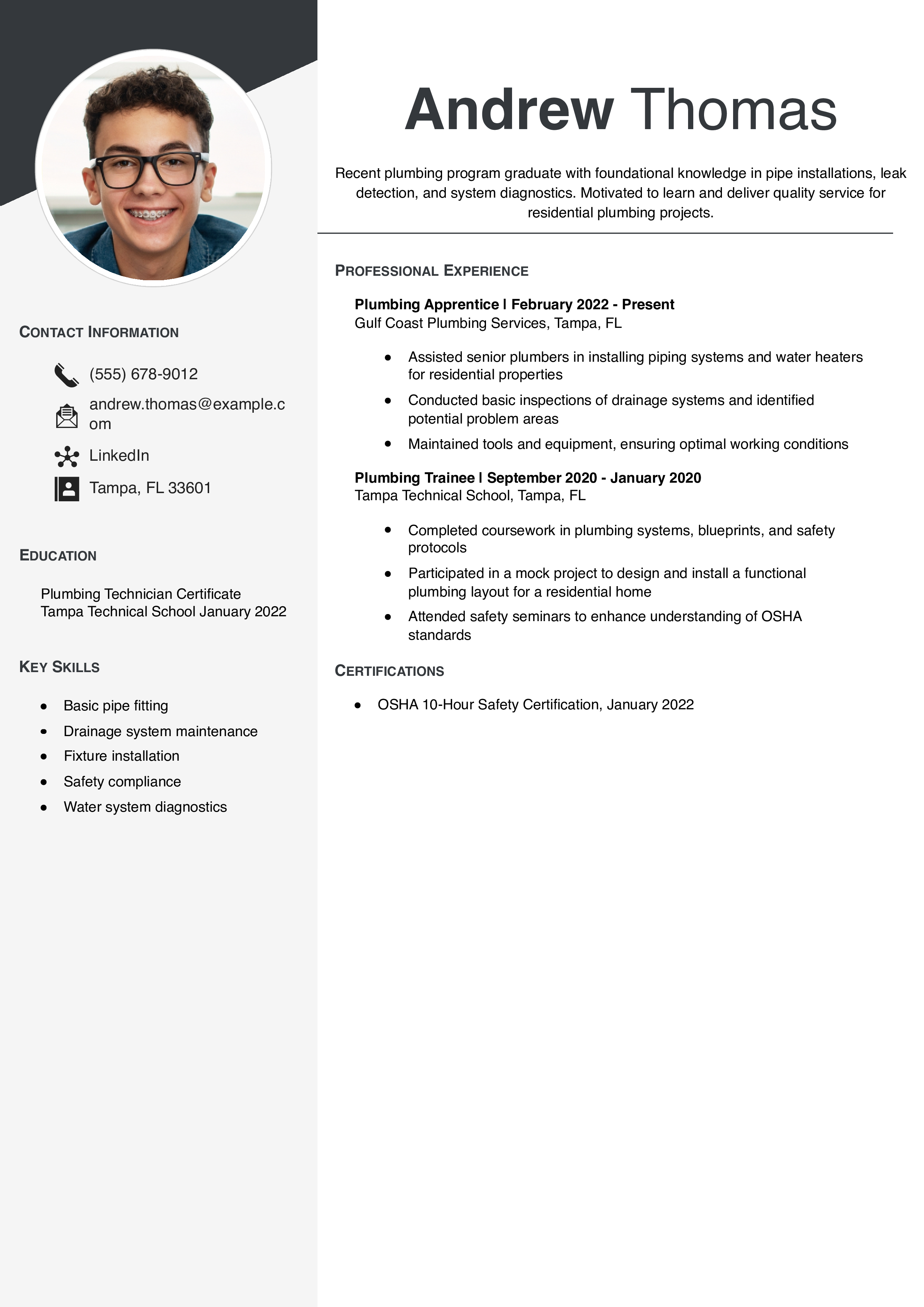 Junior Plumber Resume Example