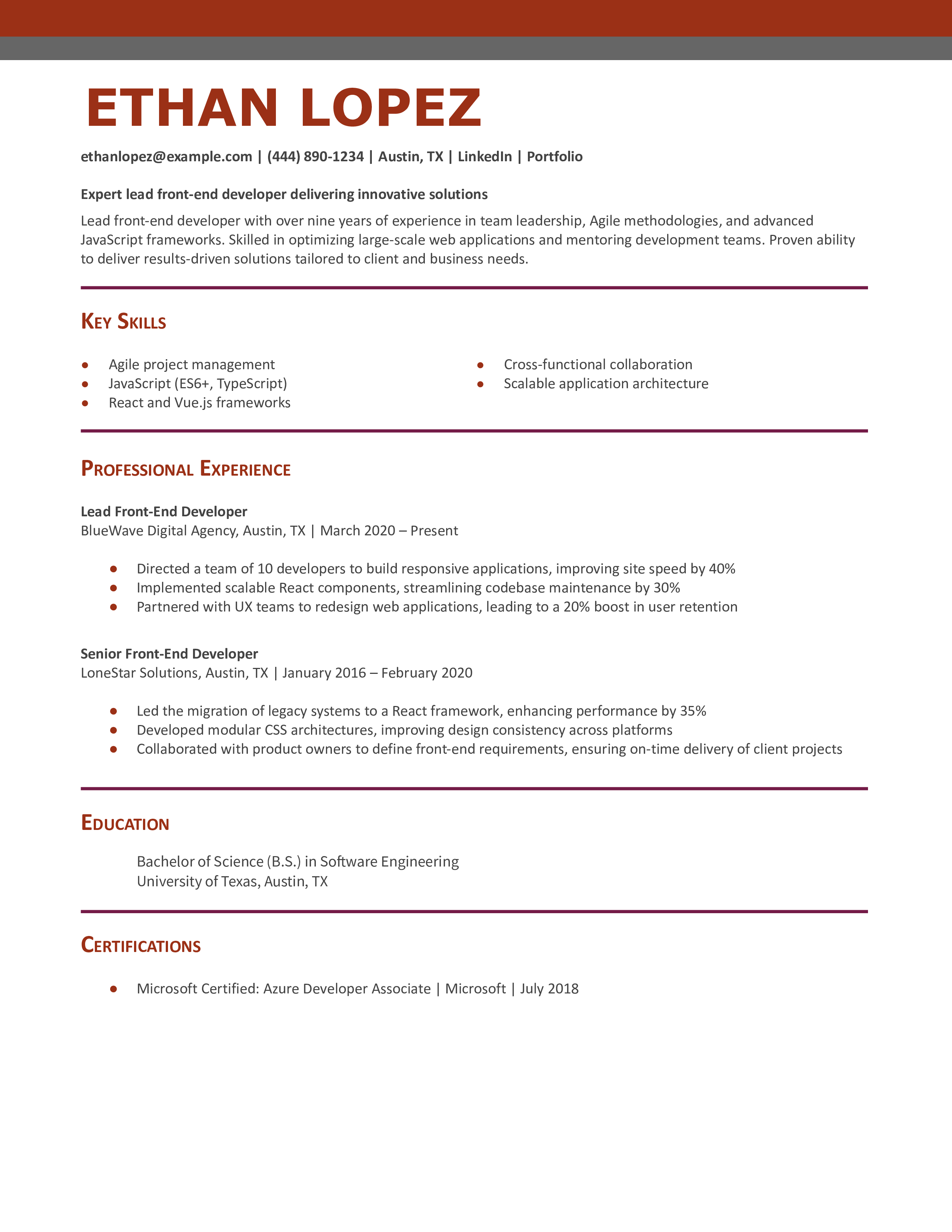 Lead Front-End Developer Resume Example