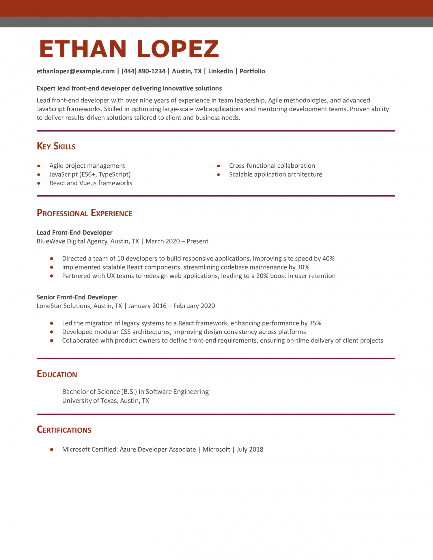 Lead Front-End Developer Resume Example