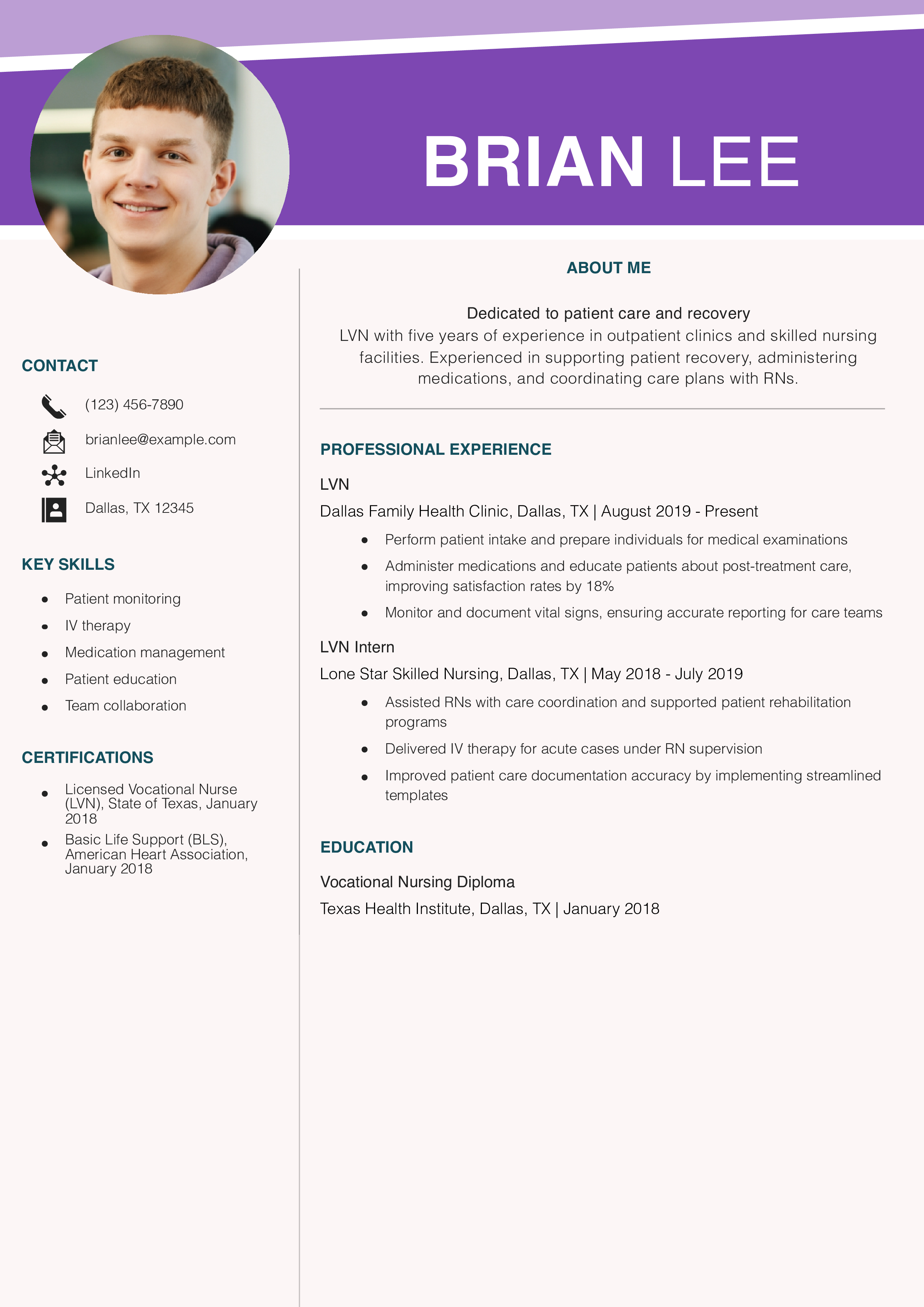 Licensed Vocational Nurse (LVN) Resume Example