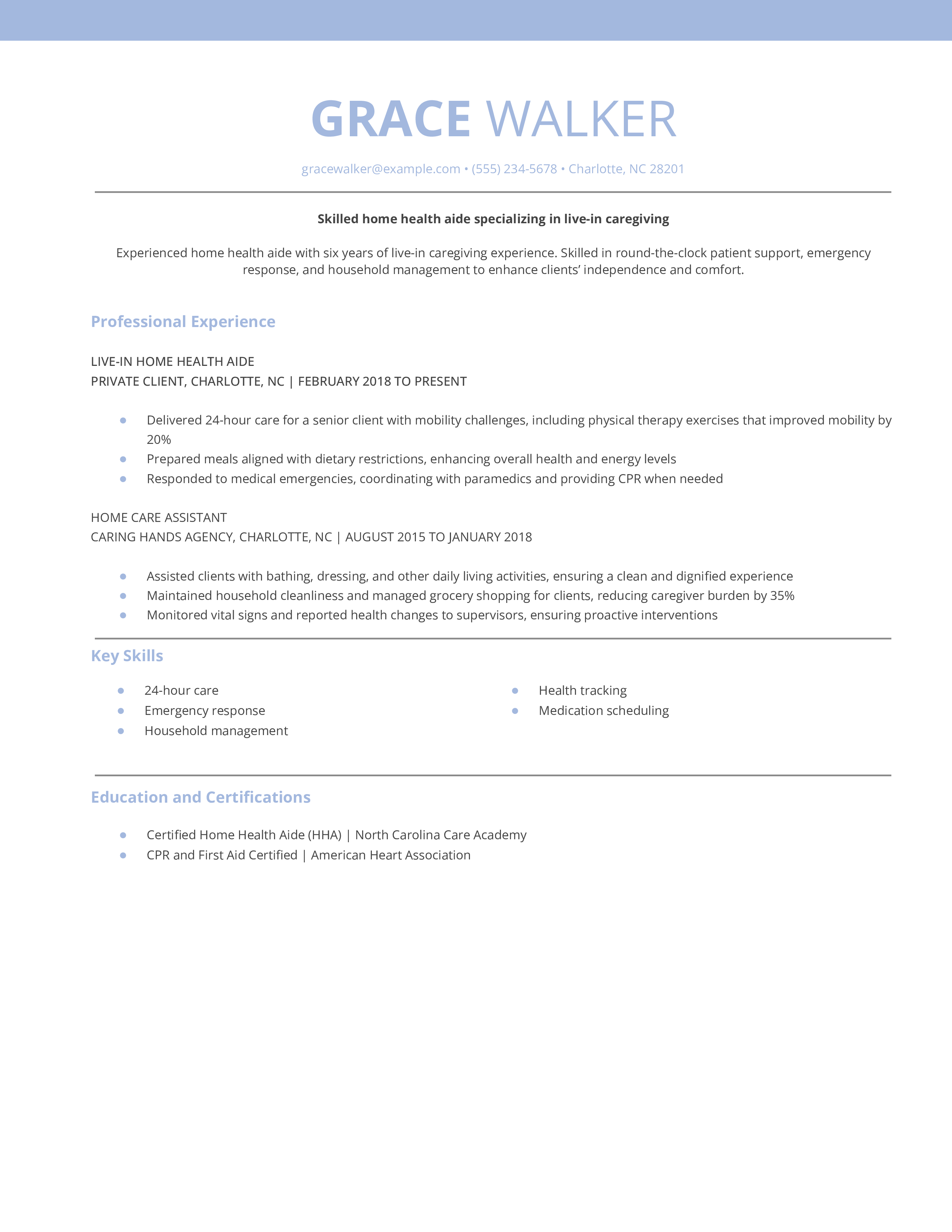 Live-In Caregiver Home Health Aide Resume Example
