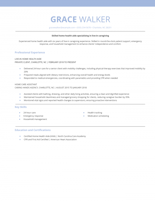 Live-In Caregiver Home Health Aide Resume Example