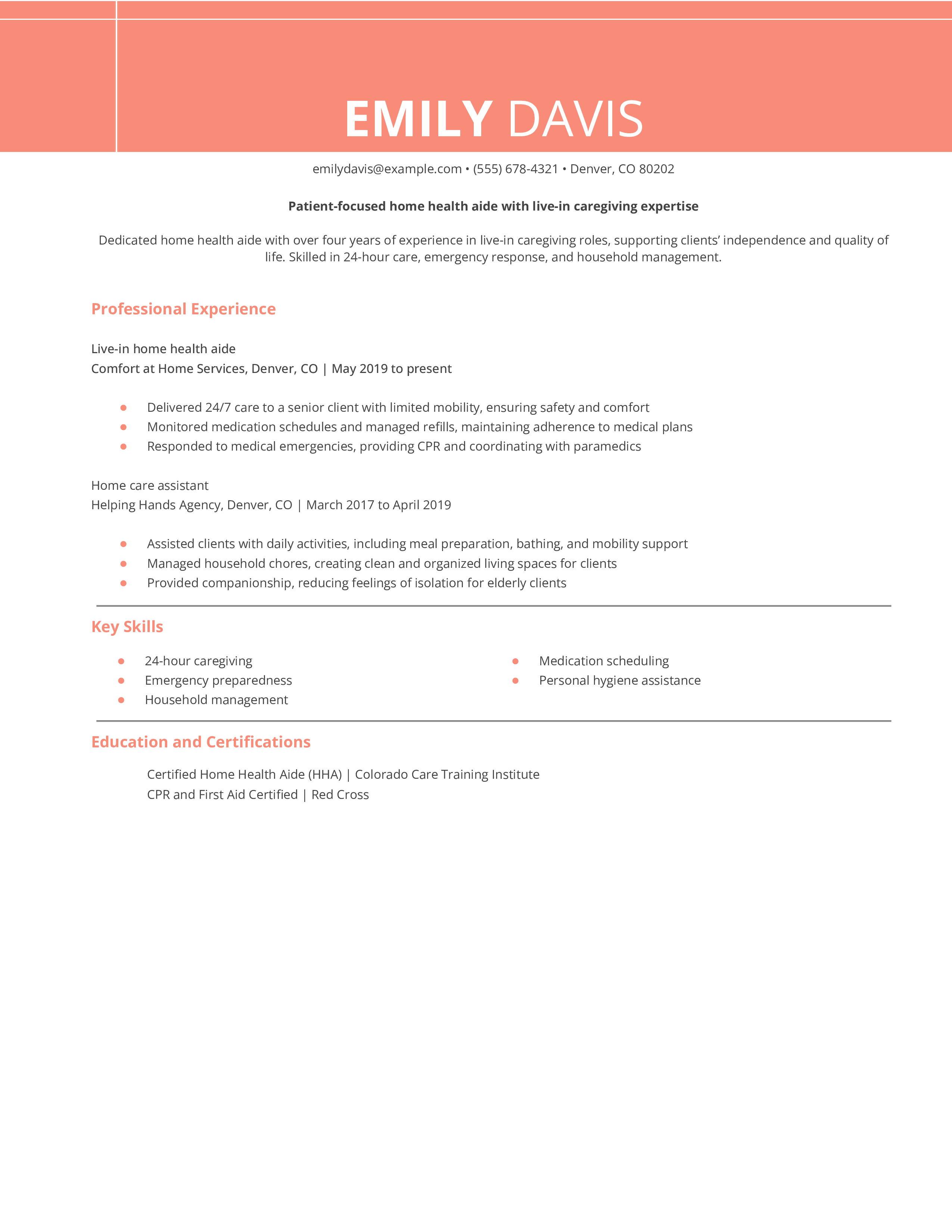 Live-In Home Health Aide Resume Example