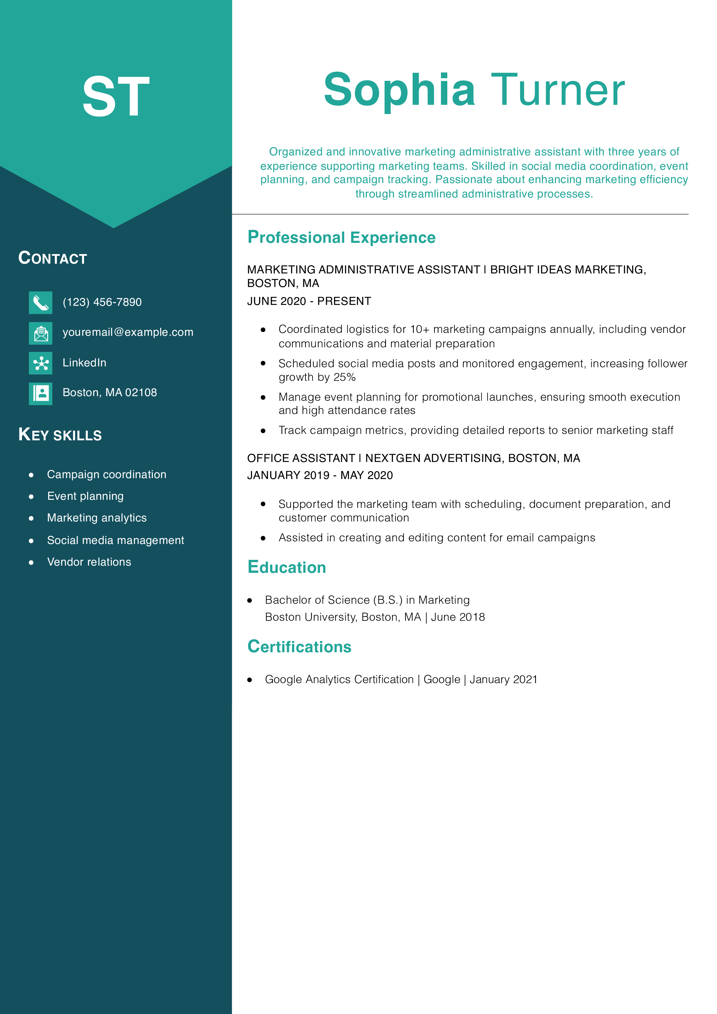 Marketing Administrative Assistant Resume Example