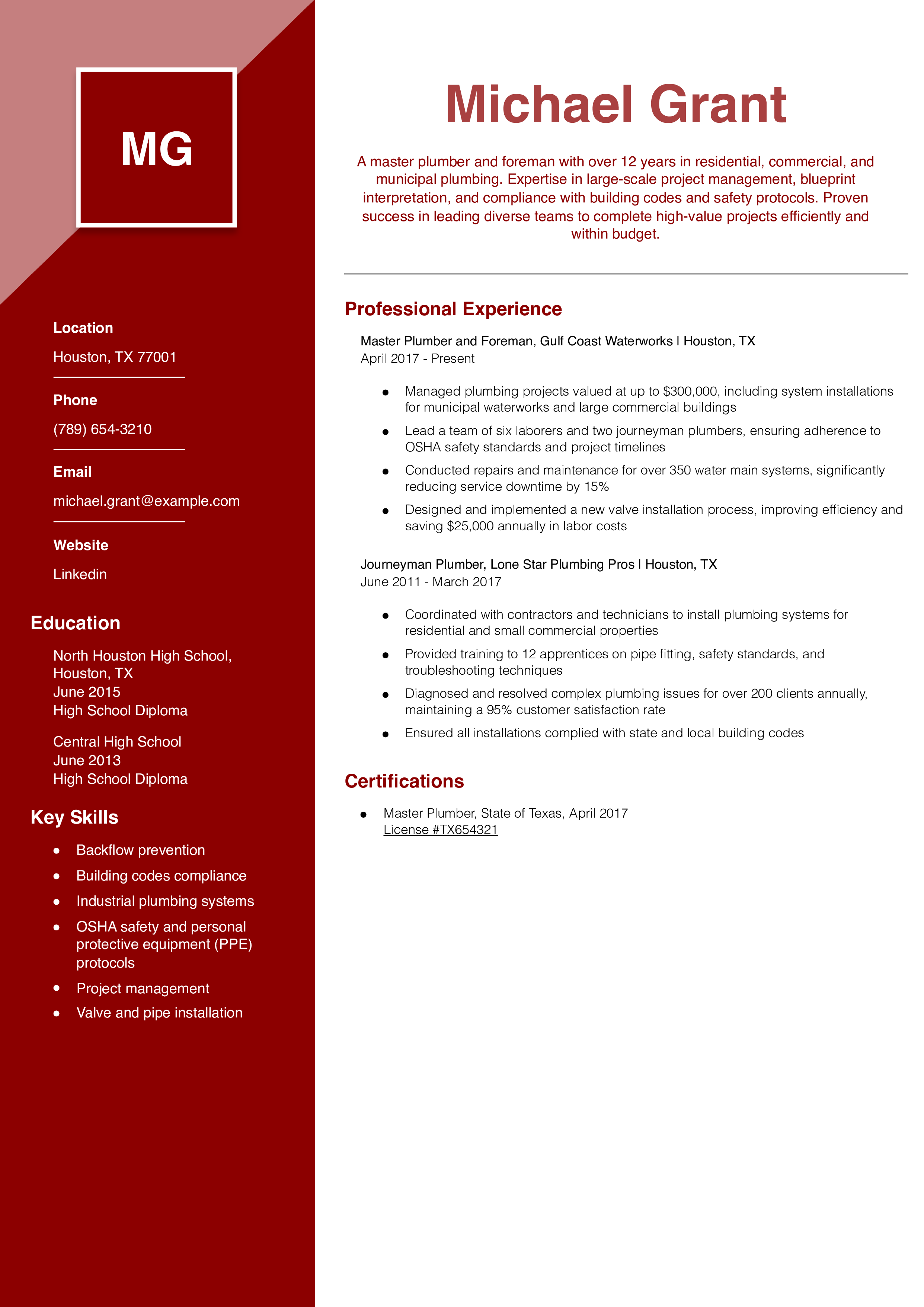 Master Plumber Resume Example