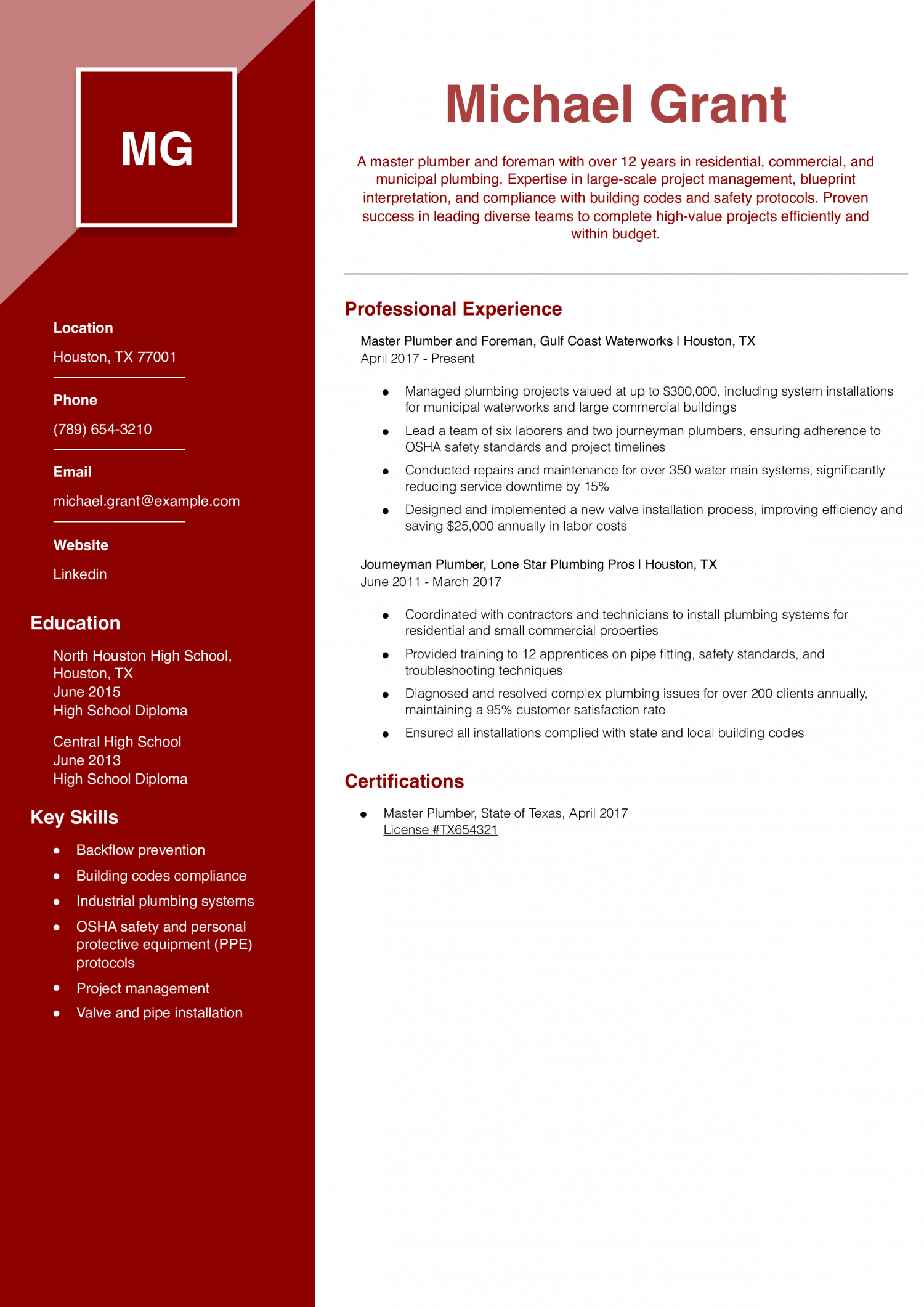 Master Plumber Resume Example