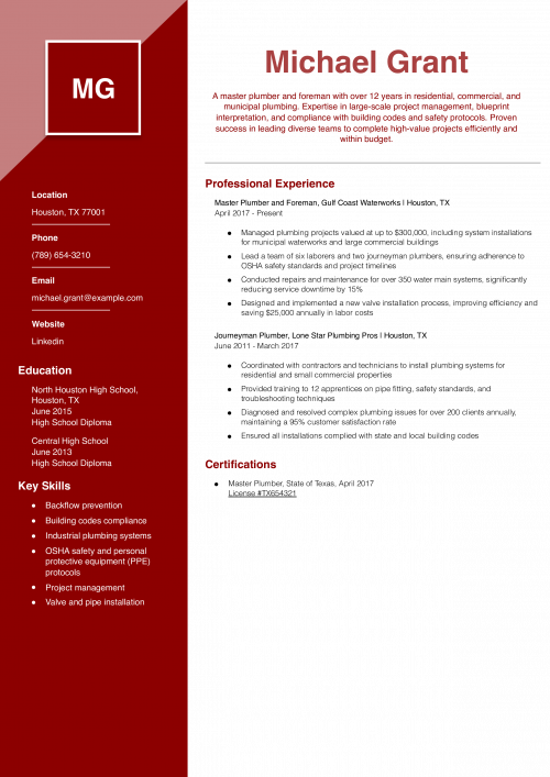 Master Plumber Resume Example
