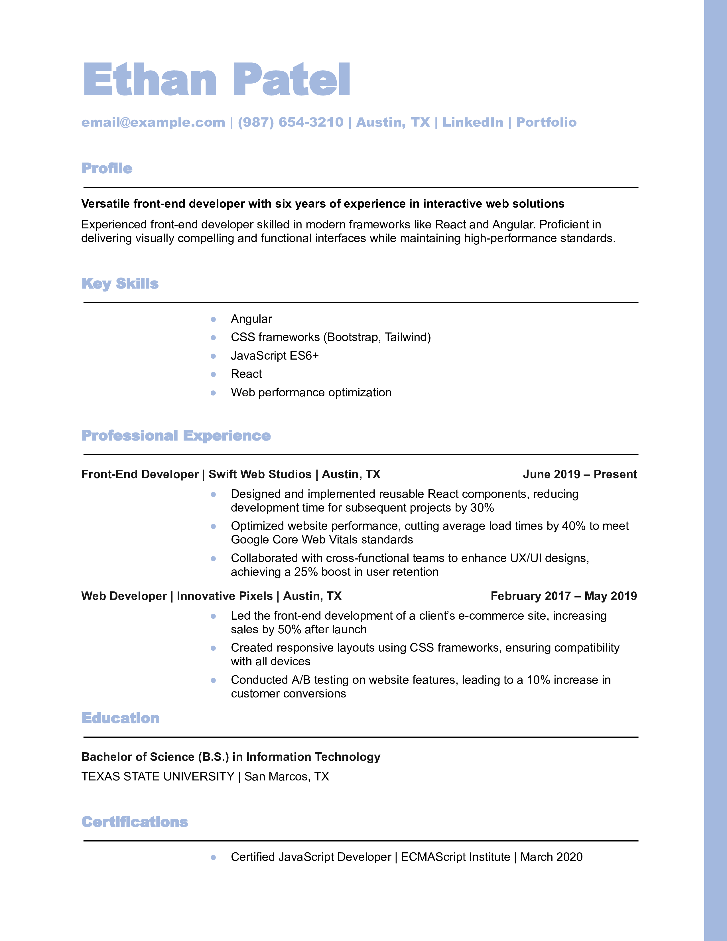 Mid-Career Front-End Developer Resume Example