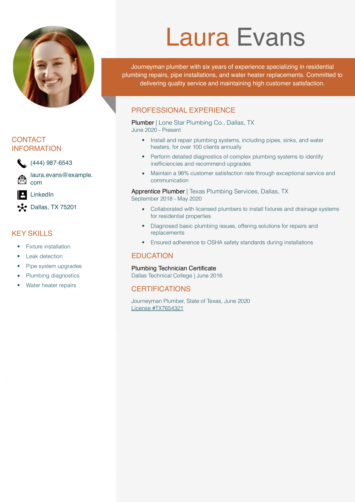 Mid-Career Plumber Resume
