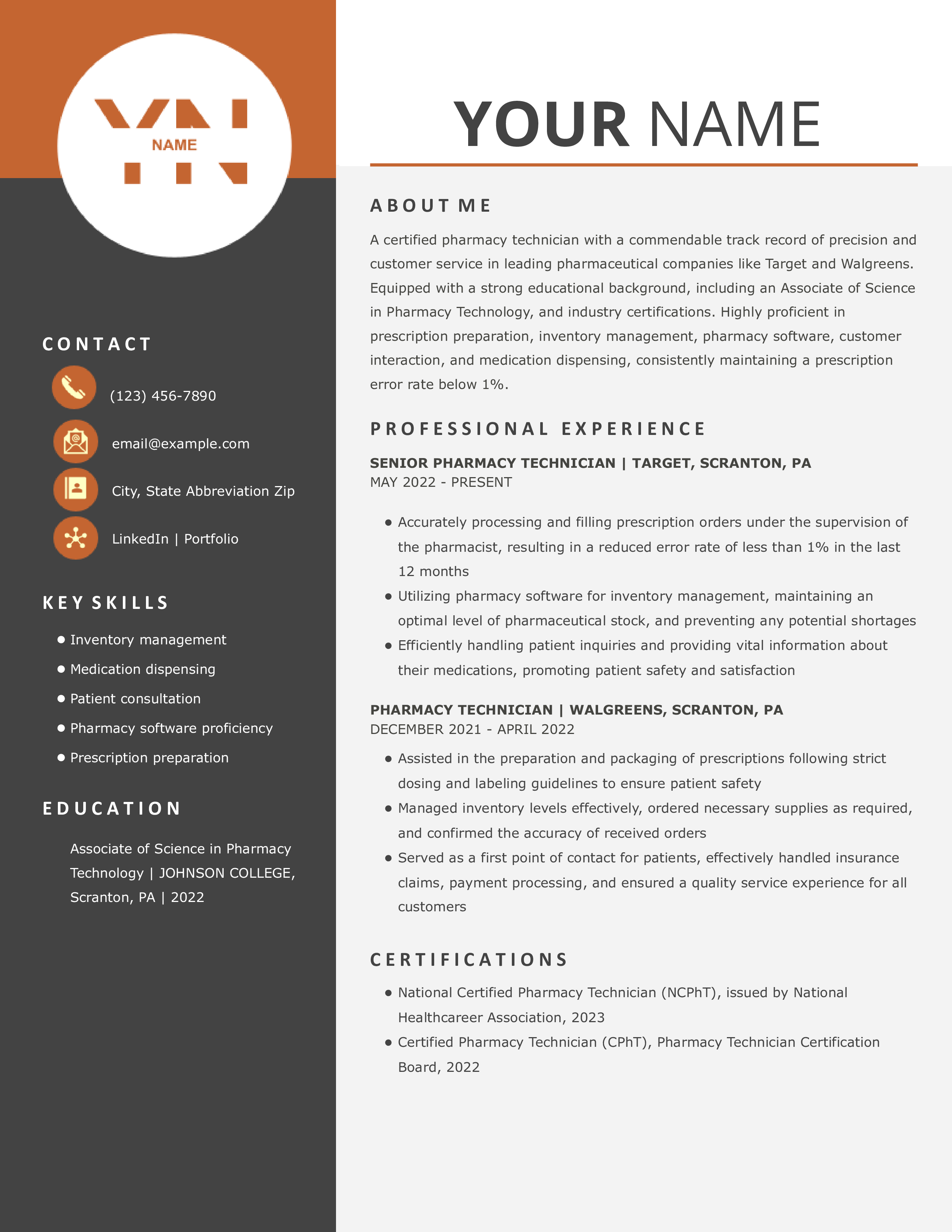Midlevel Level Pharmacy Technician Resume Example