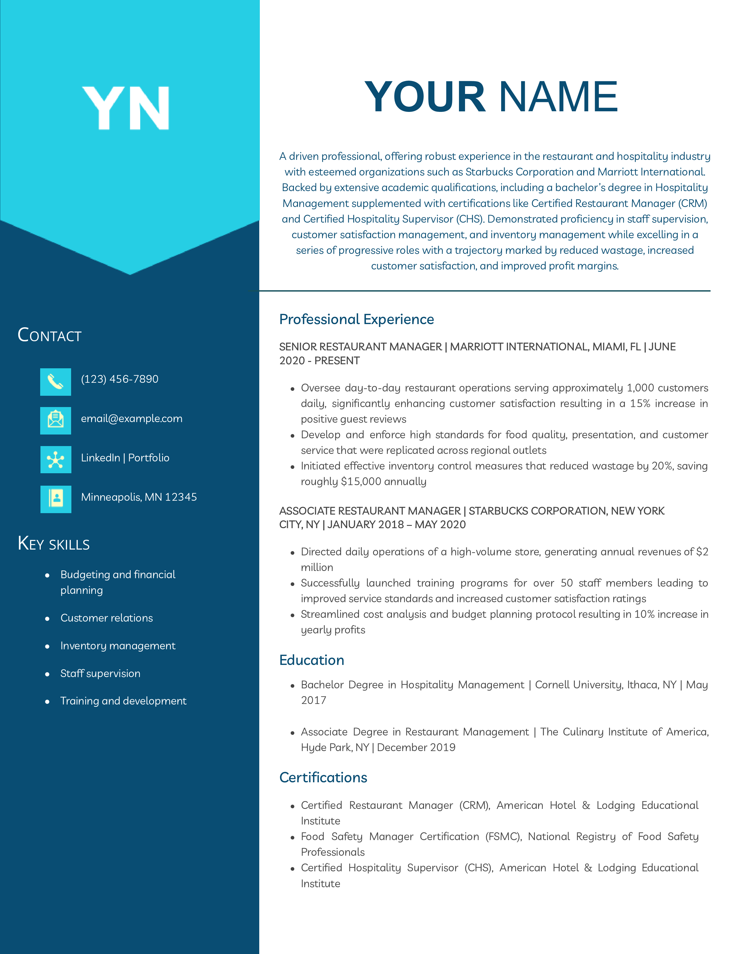 Midlevel Level Restaurant Manager Resume Example