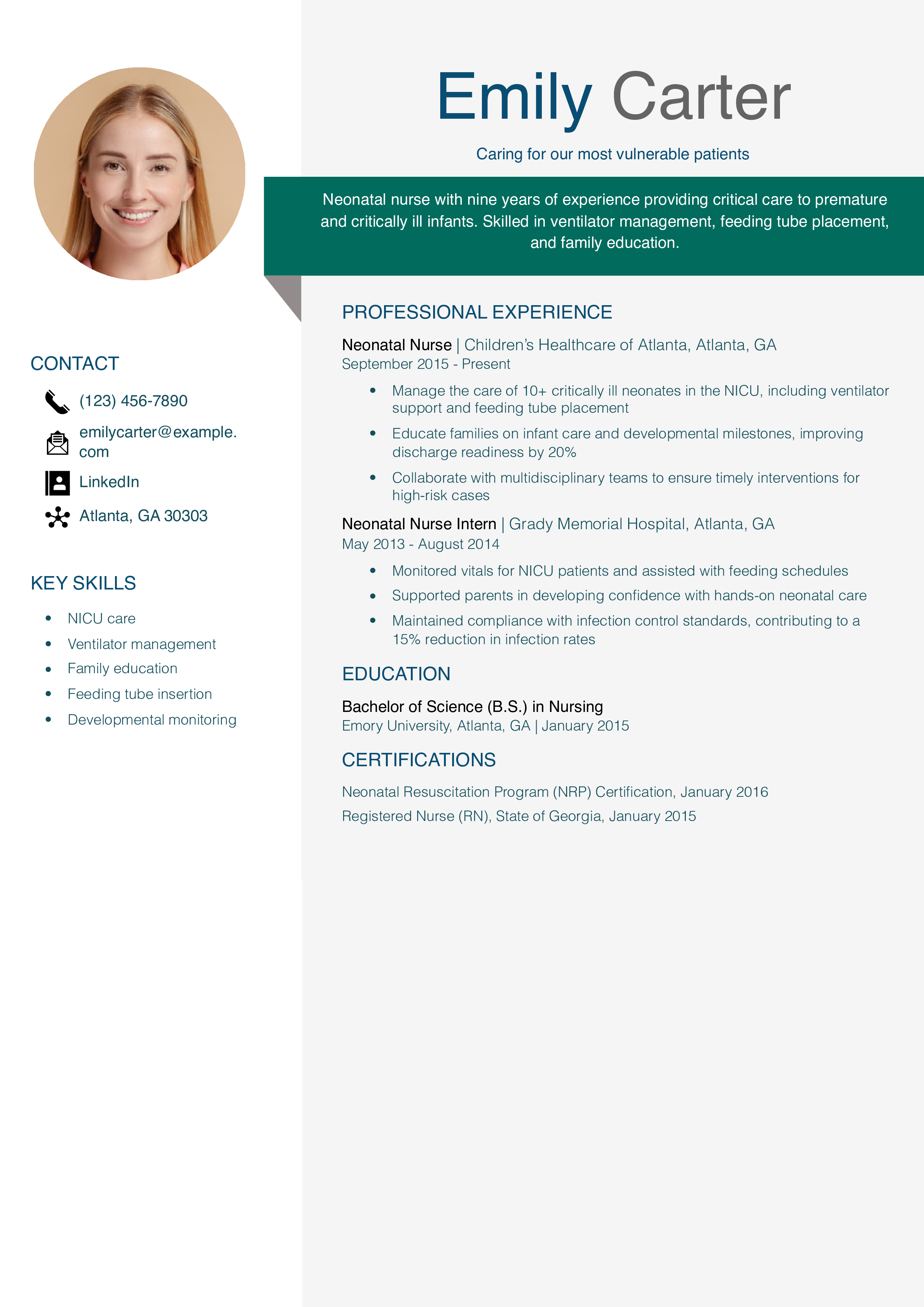 Neonatal Nurse Resume Example